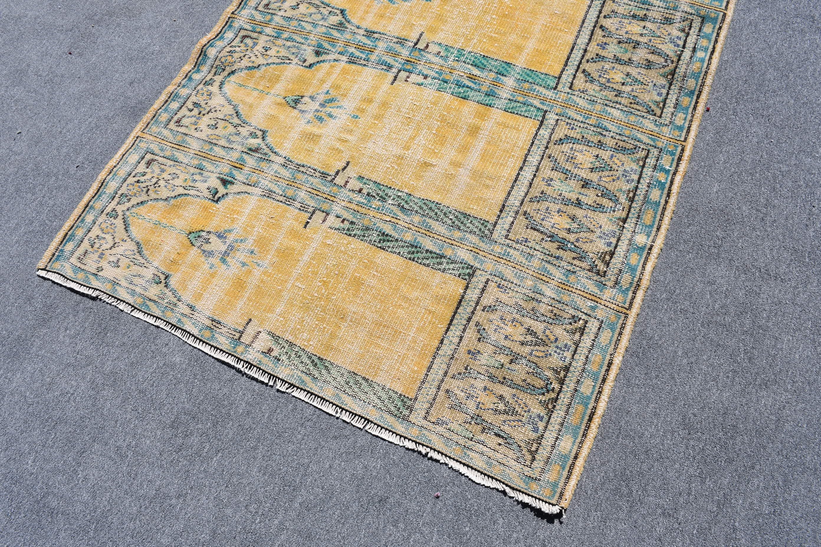 Entry Rug, Turkish Rug, Home Decor Rug, Vintage Rug, Wool Rug, 4x5.2 ft Accent Rugs, Yellow Floor Rug, Bedroom Rugs, Rugs for Entry