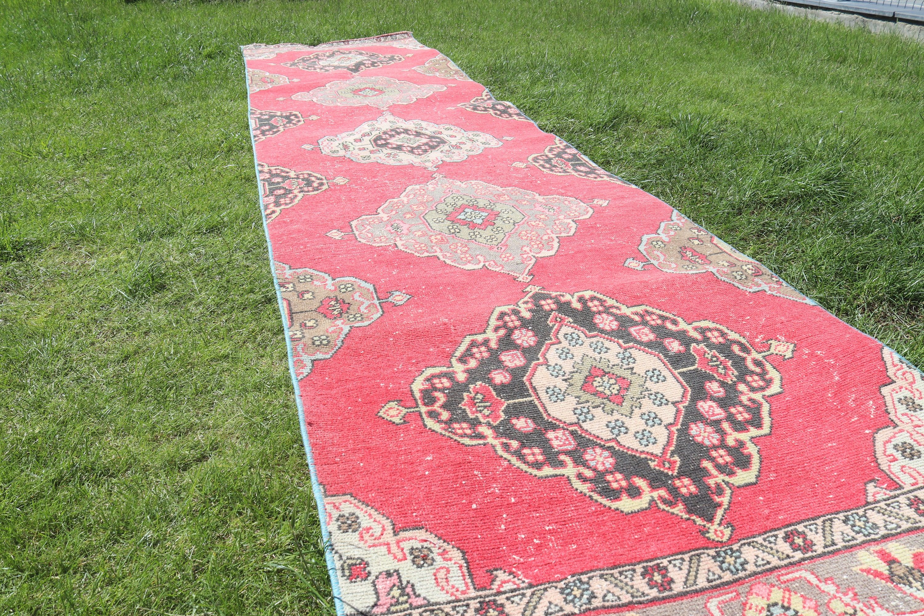 Uzun Yolluk Halıları, Yün Halıları, Türk Halısı, Vintage Halı, Kırmızı Geometrik Halılar, 2.9x12.8 ft Runner Halıları, Vintage Runner Halıları, Oryantal Halı