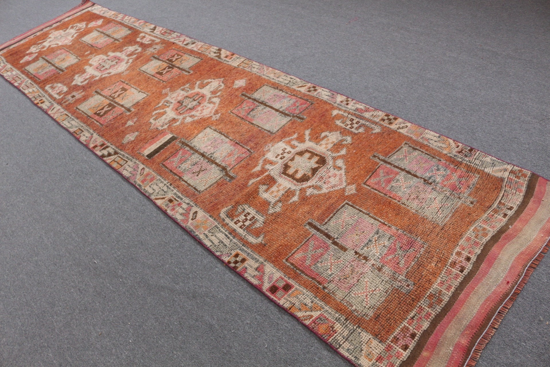 Turkish Rug, Art Rug, Orange Moroccan Rugs, Bedroom Rugs, Rugs for Corridor, 3.4x12.8 ft Runner Rug, Corridor Rug, Floor Rug, Vintage Rug