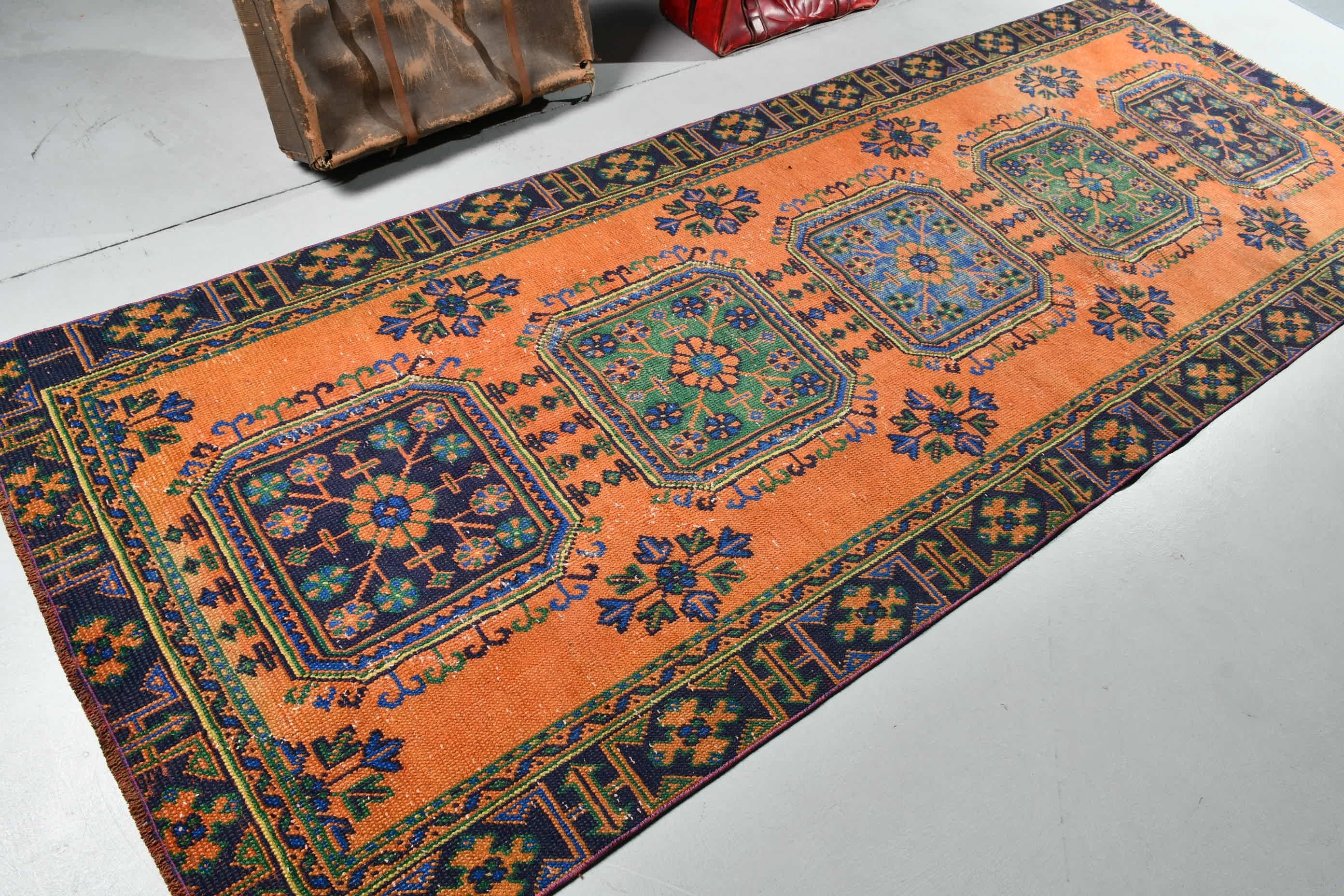 3.9x10.8 ft Runner Rug, Vintage Rug, Retro Rug, Kitchen Rug, Orange Moroccan Rug, Turkish Rug, Hallway Rugs, Stair Rug, Moroccan Rug