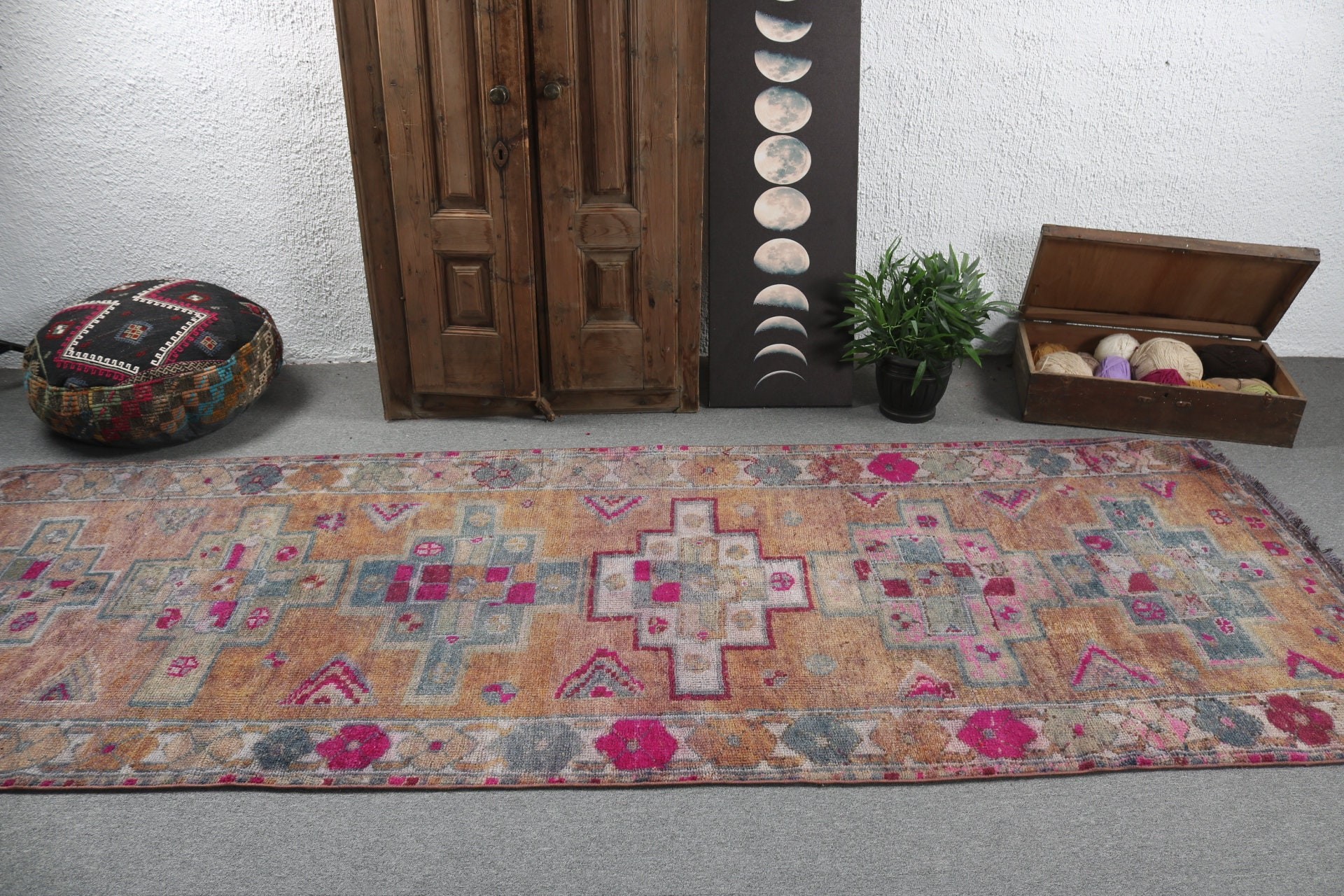 Vintage Runner Halıları, Mutfak Halıları, Türk Halıları, Vintage Halı, Modern Halı, Oushak Halı, Kahverengi 3.8x10.5 ft Runner Halıları