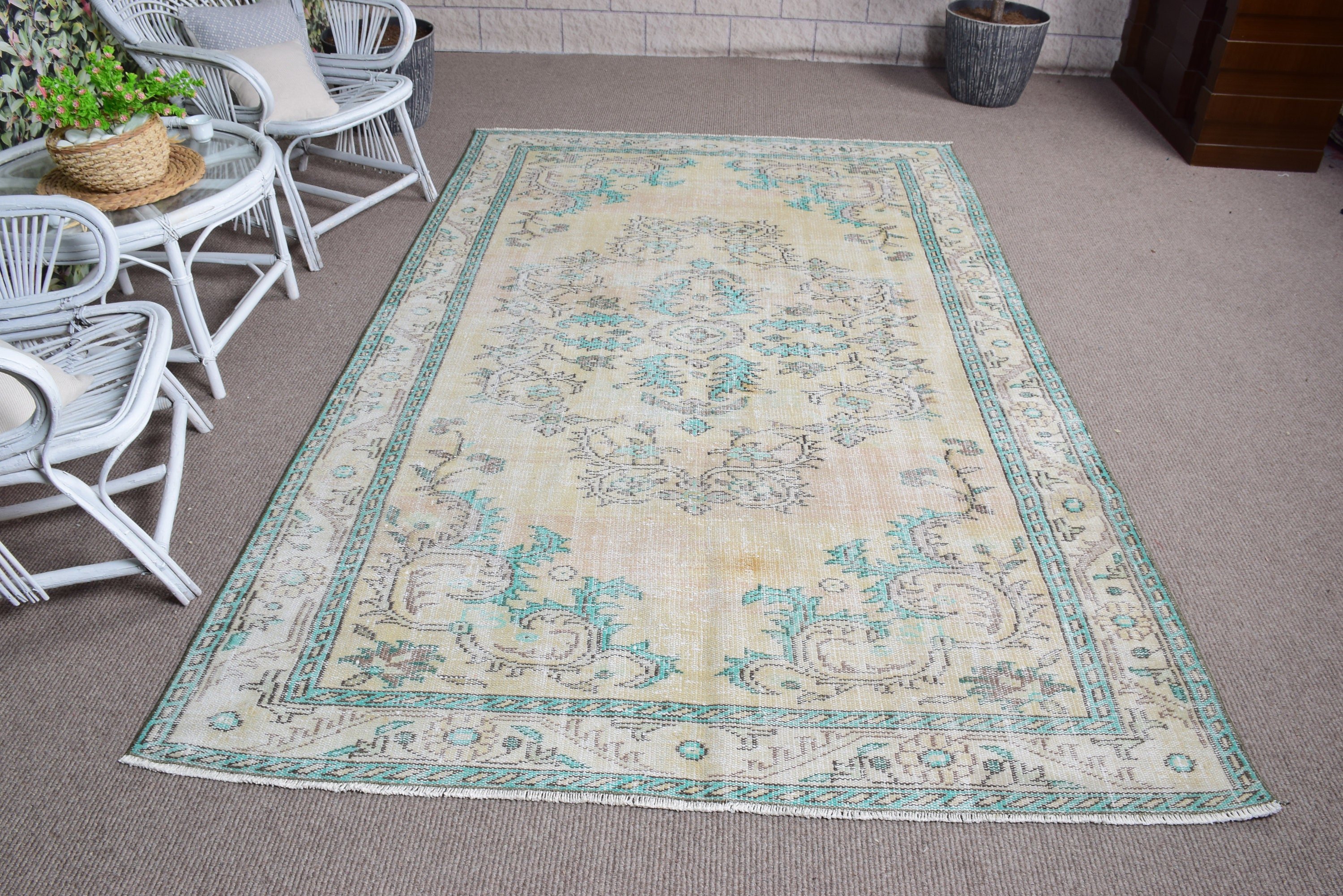 Green Home Decor Rugs, Vintage Rug, Floor Rug, Turkish Rug, Decorative Rugs, Living Room Rug, 5.7x8.9 ft Large Rug, Wool Rug, Salon Rug