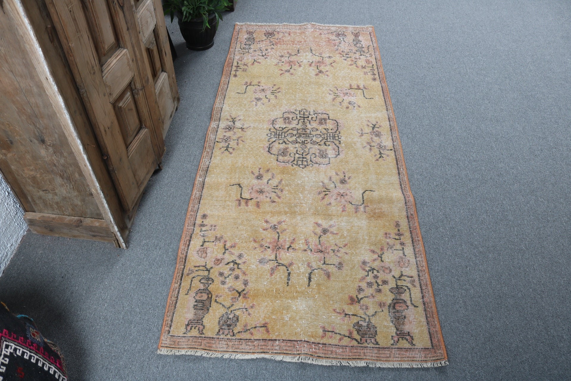 Boho Accent Halı, 2.8x6.7 ft Accent Halılar, Yün Halılar, Türk Halıları, Anadolu Halısı, Vintage Halılar, Sarı Bildirim Halısı, Mutfak Halıları