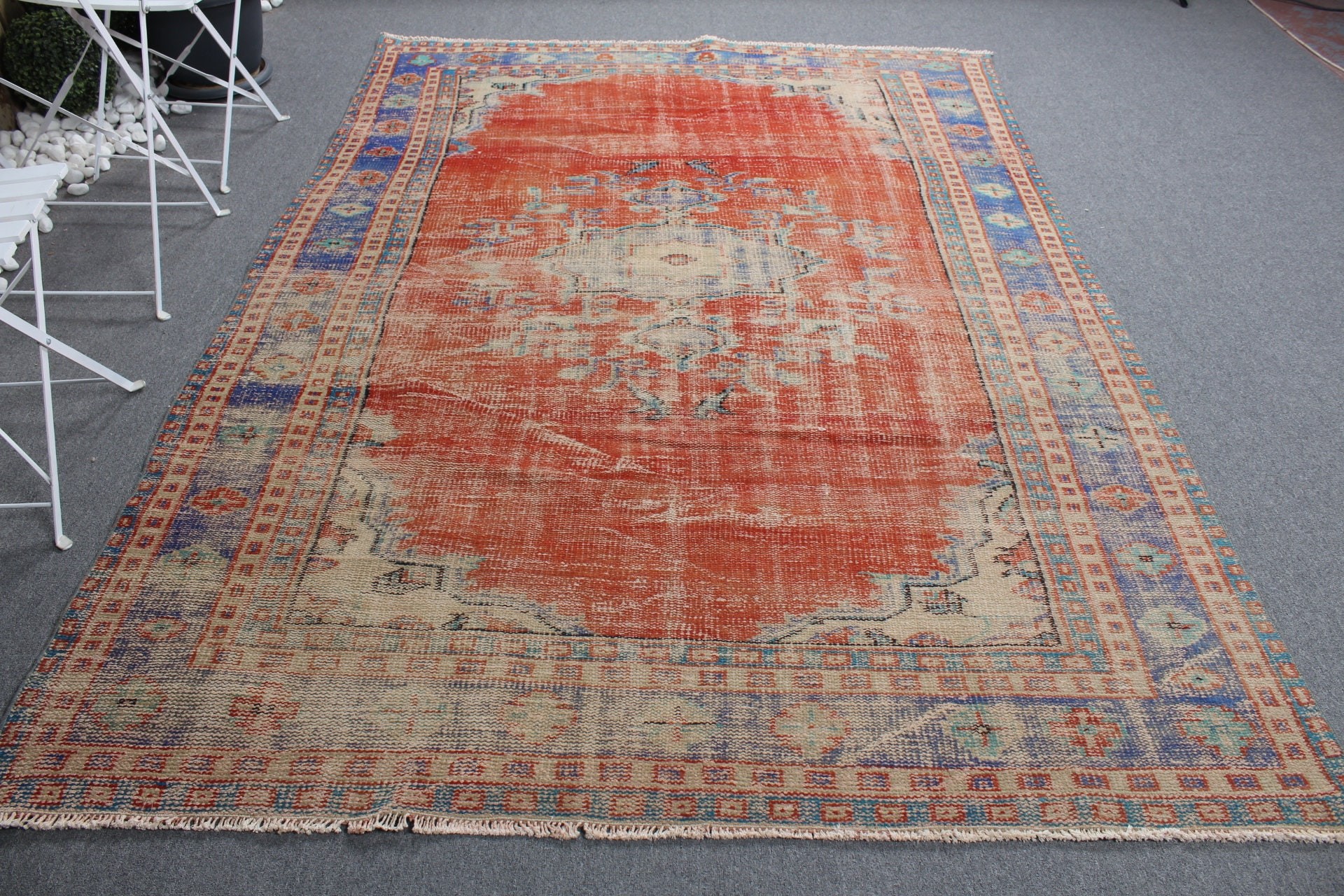 Oturma Odası Halıları, 6.3x8.8 ft Büyük Halı, Türk Halısı, Kırmızı Oushak Halısı, Vintage Halılar, Sessiz Halı, Yemek Odası Halısı, Antika Halılar