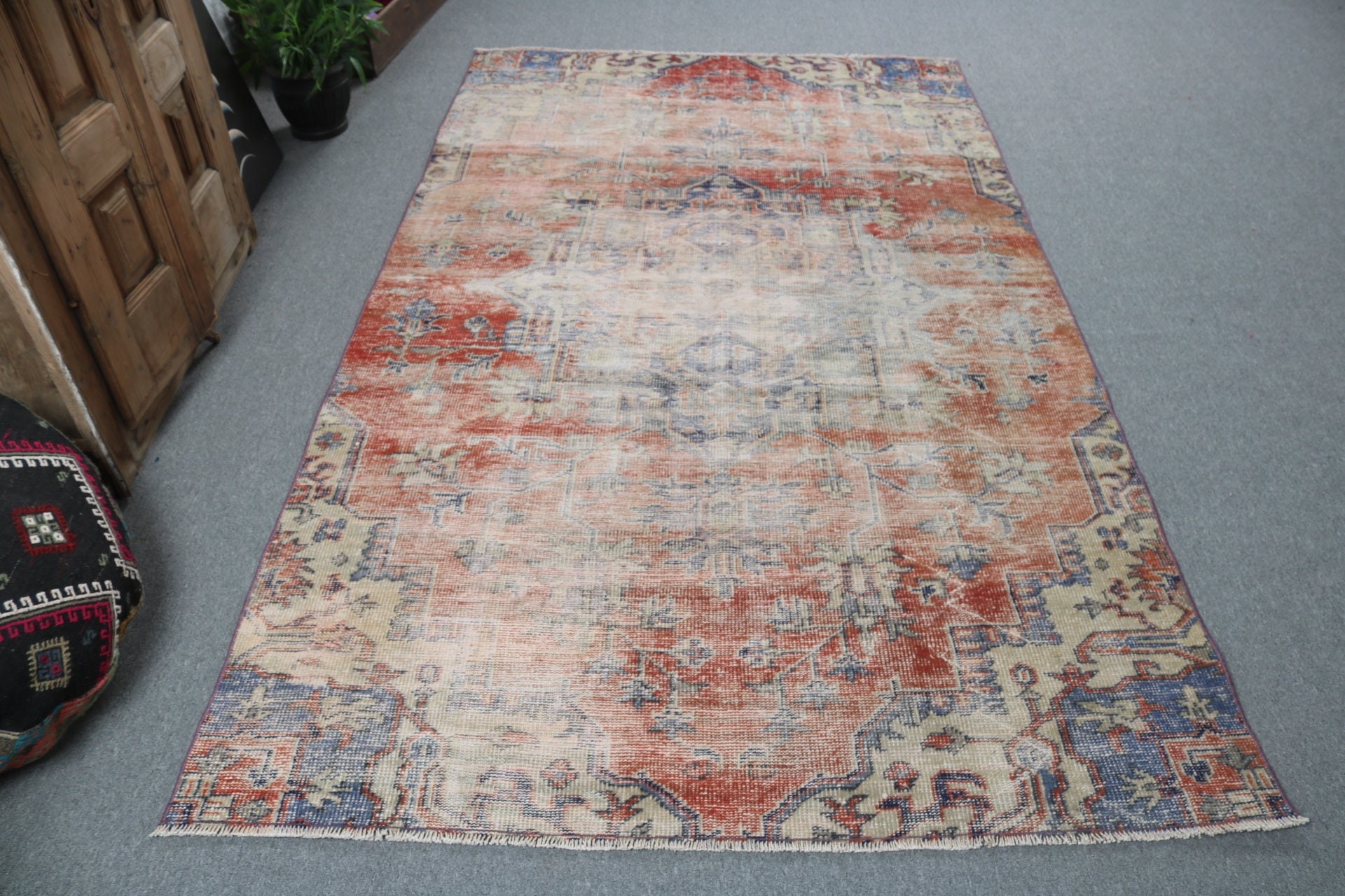 Red Moroccan Rug, Floor Rug, Turkish Rug, Neutral Rugs, Vintage Rug, Kitchen Rugs, Large Oushak Rugs, 5x8.5 ft Large Rug, Bedroom Rugs