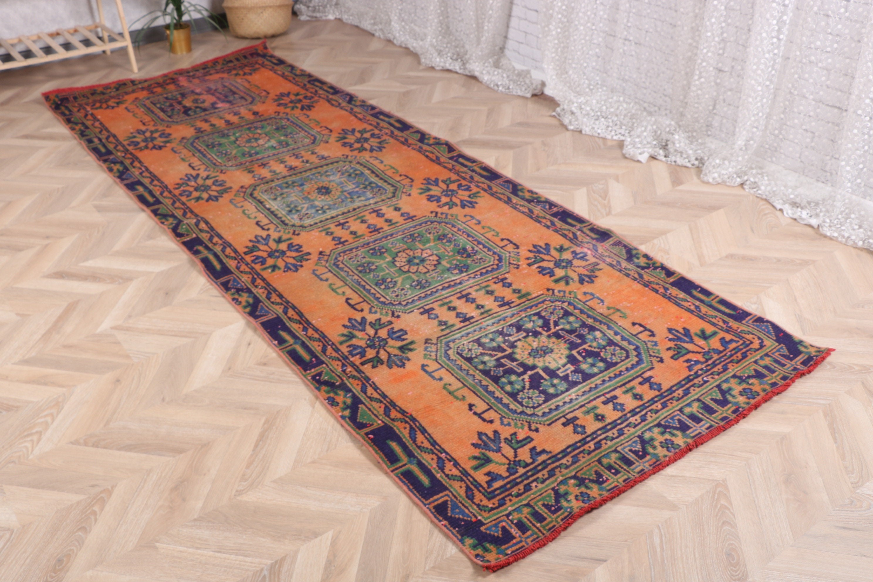 Merdiven Halısı, Vintage Halı, 3.6x10.1 ft Runner Halıları, Turuncu Geometrik Halı, El Dokuma Halıları, Türk Halısı, Beni Ourain Runner Halıları, Boho Halısı