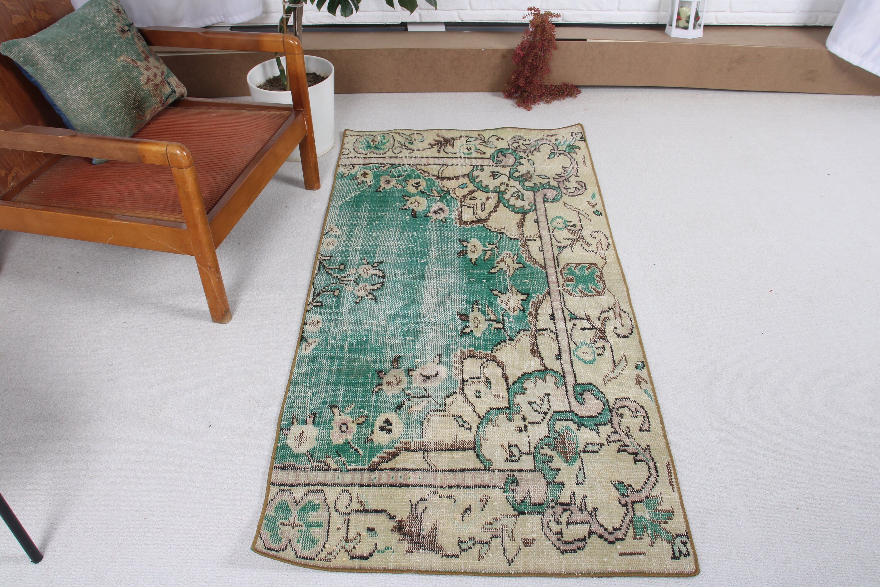 Door Mat Rug, Vintage Rugs, 2.7x5.5 ft Small Rugs, Antique Rugs, Green Antique Rugs, Luxury Rug, Turkish Rug, Entry Rug, Rugs for Entry