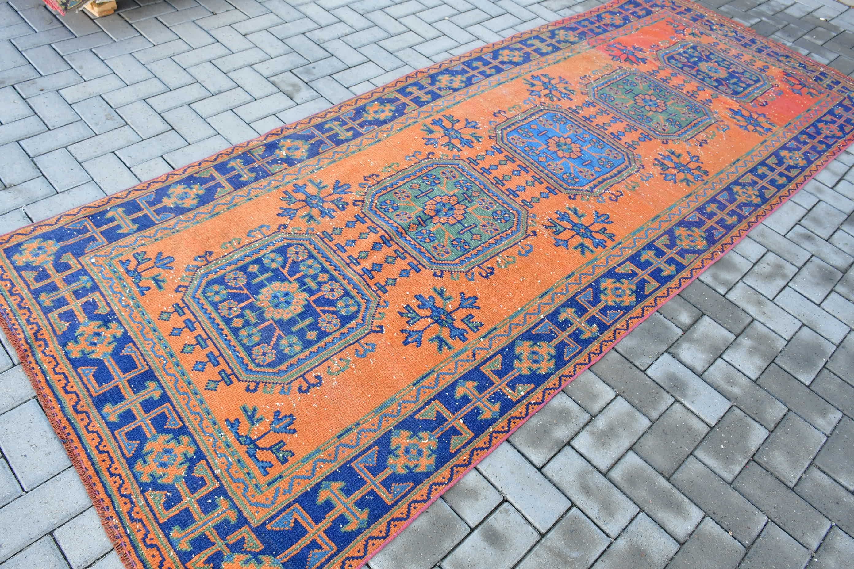 4.1x10.7 ft Runner Rugs, Turkish Rugs, Kitchen Rug, Orange Oushak Rugs, Stair Rugs, Vintage Rug, Bedroom Rug, Custom Rug