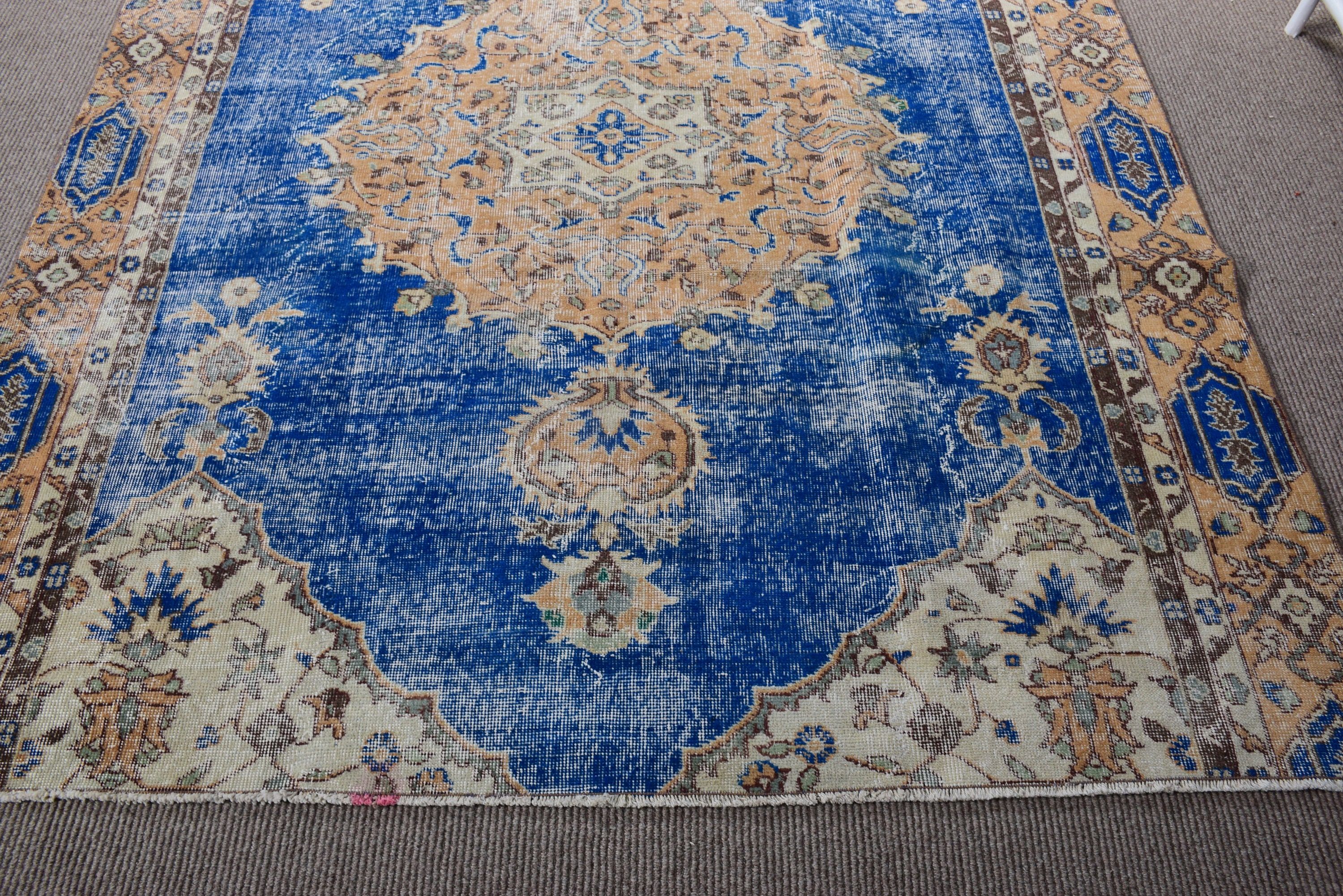 Oturma Odası Halısı, Yemek Odası Halısı, 6.1x7.3 ft Büyük Halı, Geometrik Halılar, Vintage Halı, Türk Halısı, Mavi Fas Halısı