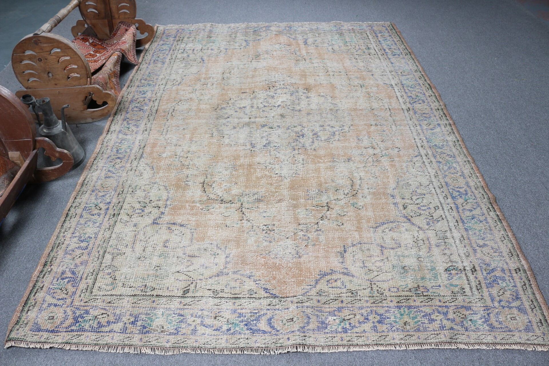 Oryantal Halılar, Turuncu Oryantal Halı, 6.1x9.4 ft Büyük Halı, Türk Halıları, Oturma Odası Halısı, Vintage Halılar, Yatak Odası Halısı, Özel Halı, Yün Halılar