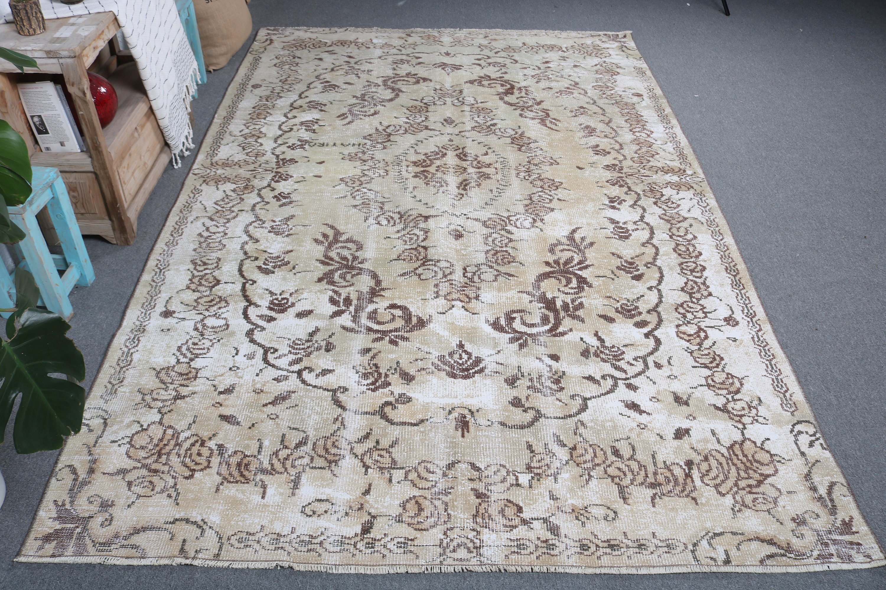 5.7x9.6 ft Büyük Halılar, Yemek Odası Halısı, El Dokuma Halı, Kahverengi Geometrik Halı, Mutfak Halısı, Vintage Halı, Salon Halısı, Türk Halısı, Oushak Halısı