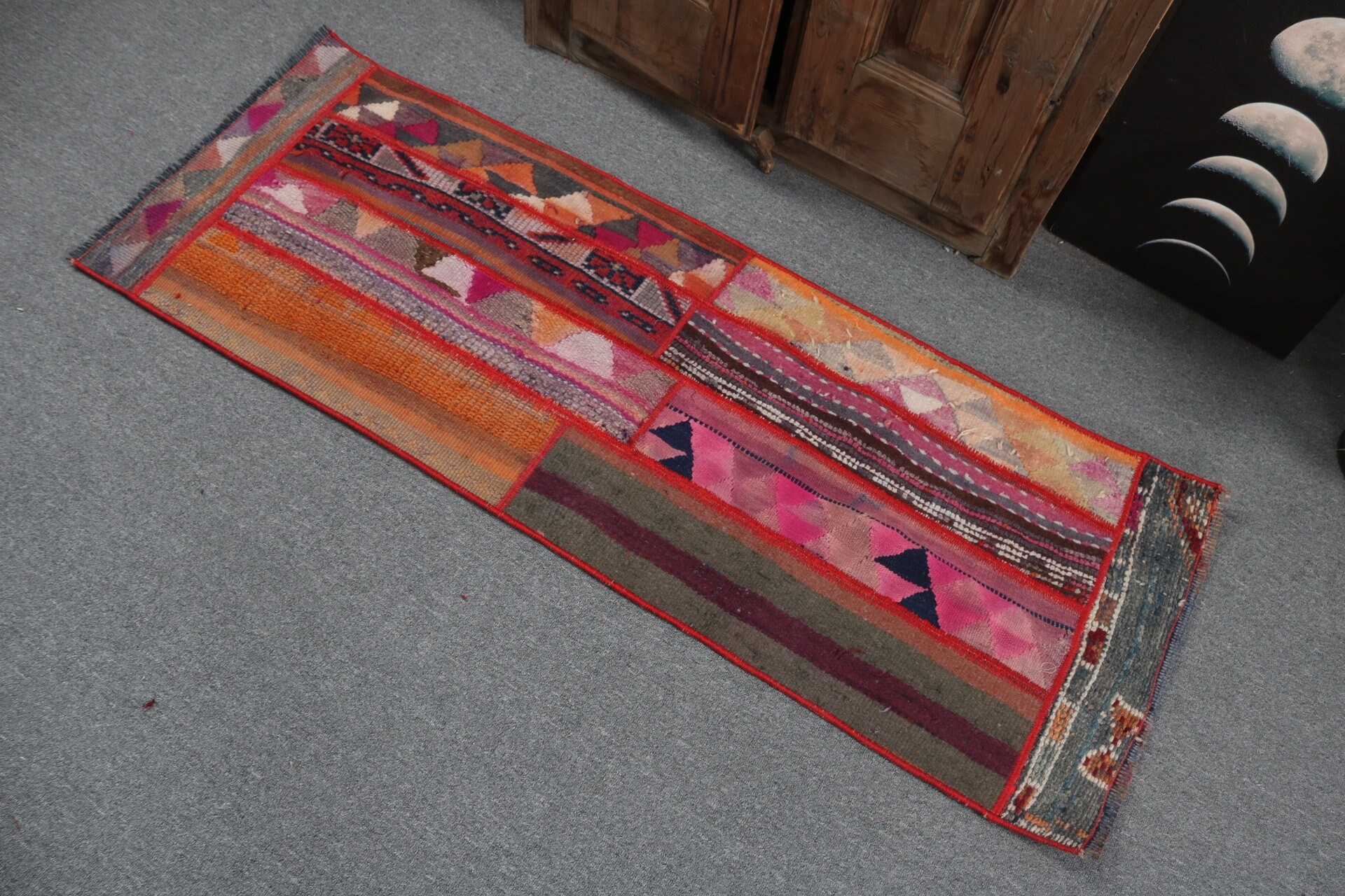 Vintage Halı, 1.8x5 ft Küçük Halılar, Lüks Halı, Türk Halıları, Pembe Yatak Odası Halısı, Oushak Halıları, Küçük Boho Halısı, Yatak Odası Halıları, Banyo Halıları