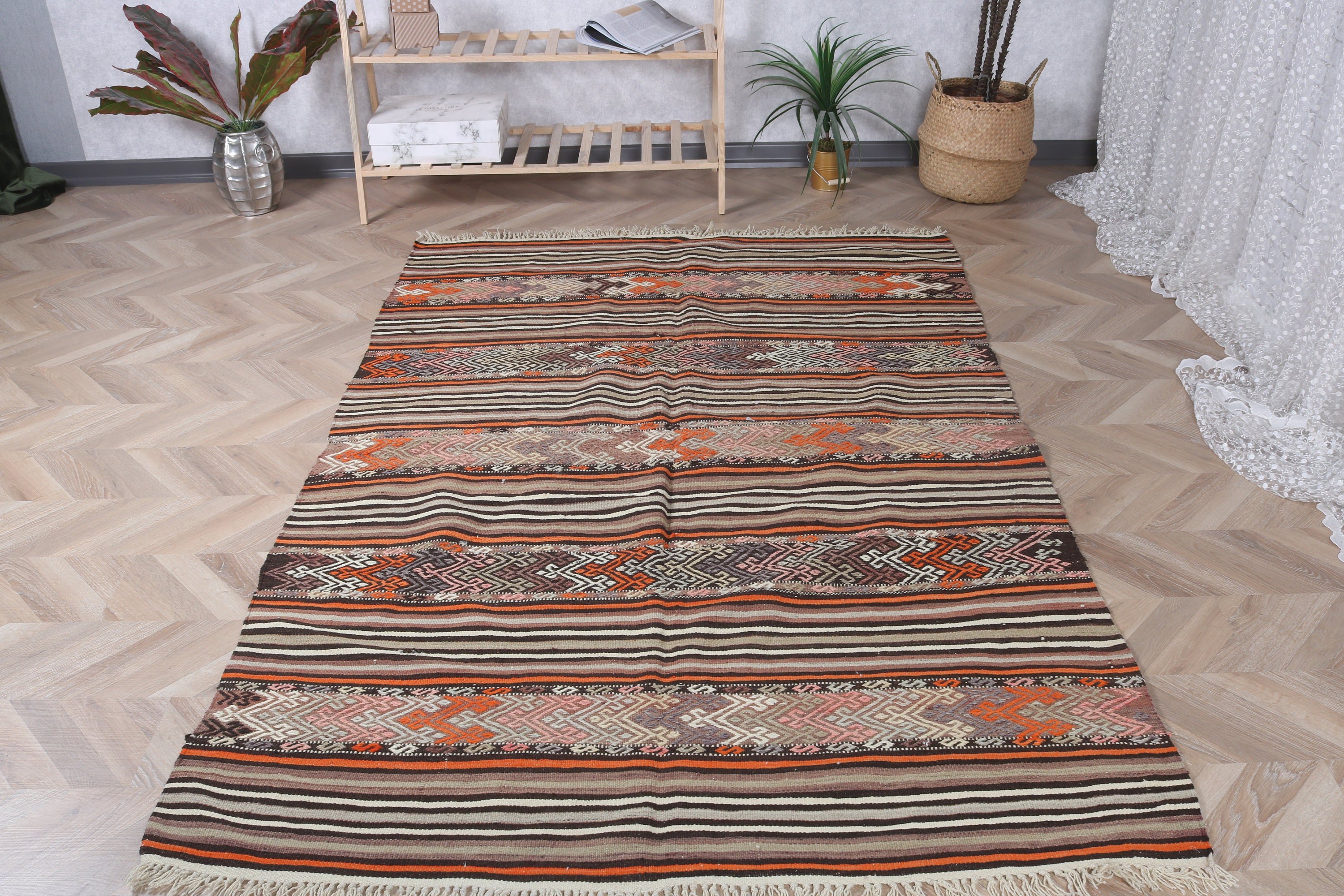 4,6x7,3 ft Alan Halıları, Oryantal Halı, Boho Alan Halısı, Boho Halıları, İç Mekan Halısı, Vintage Halılar, El Yapımı Halı, Türk Halıları, Kahverengi Oushak Halıları