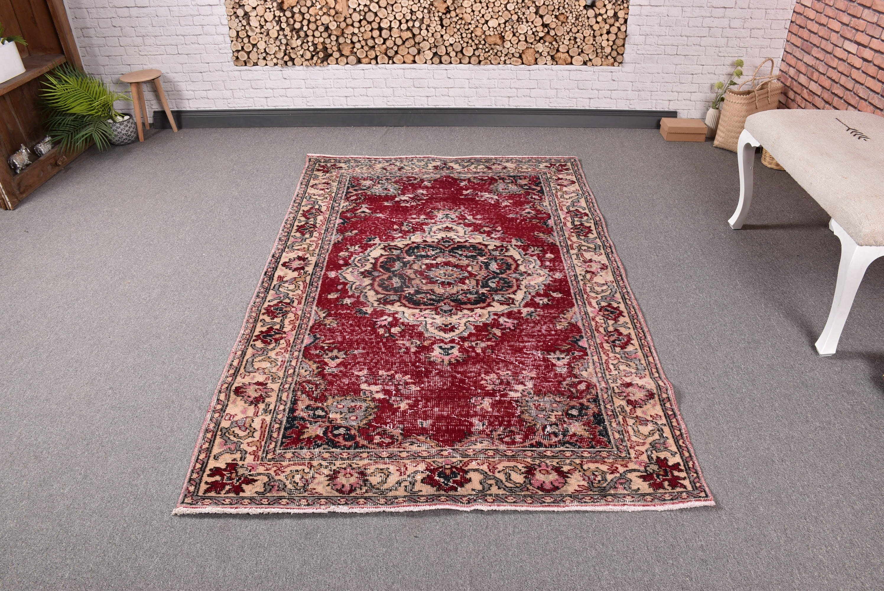 Yemek Odası Halısı, Modern Halı, Boho Halı, Vintage Alan Halıları, Vintage Halılar, 4.1x6.7 ft Alan Halısı, Kırmızı Modern Halılar, Lüks Halı, Türk Halıları