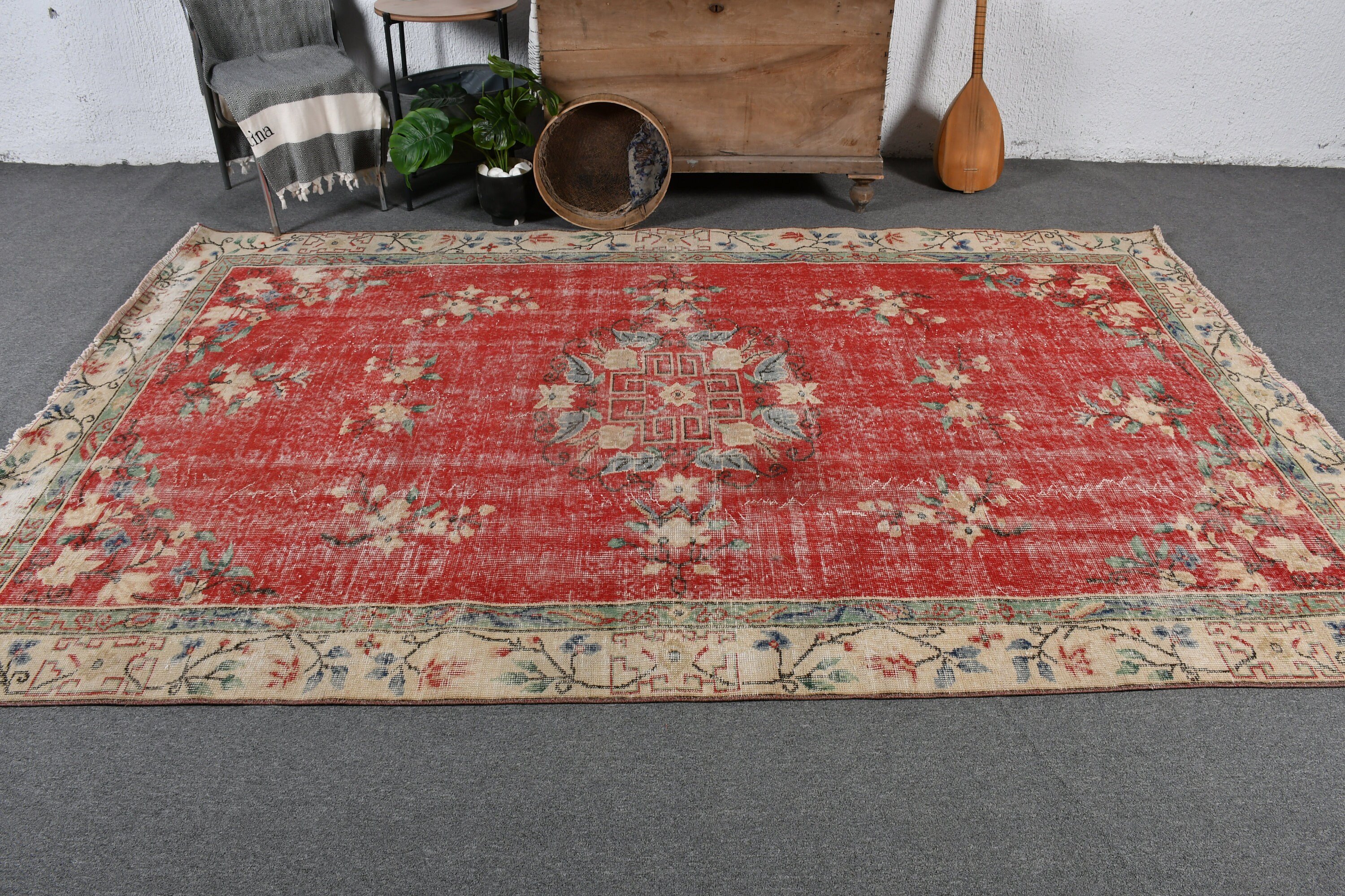 Yatak Odası Halısı, Kırmızı Oryantal Halı, Yatak Odası Halıları, Oryantal Halı, 6x9.6 ft Büyük Halı, Türk Halıları, Vintage Halılar, Ev Dekorasyonu Halısı, Salon Halıları