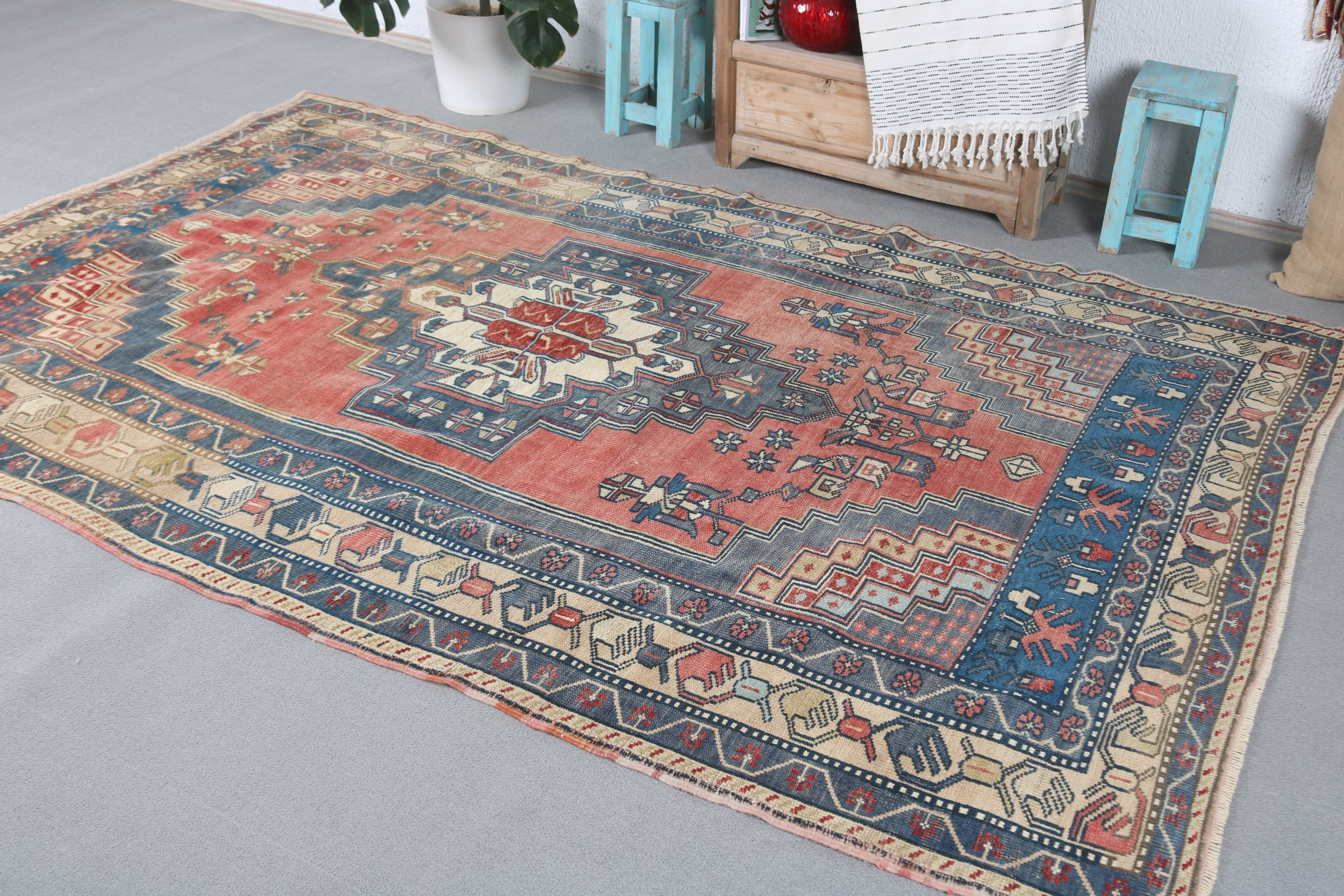 Dining Room Rug, Oushak Rug, Bedroom Rug, Vintage Rug, Rugs for Salon, Turkish Rug, Blue Floor Rug, 5.4x8.8 ft Large Rug