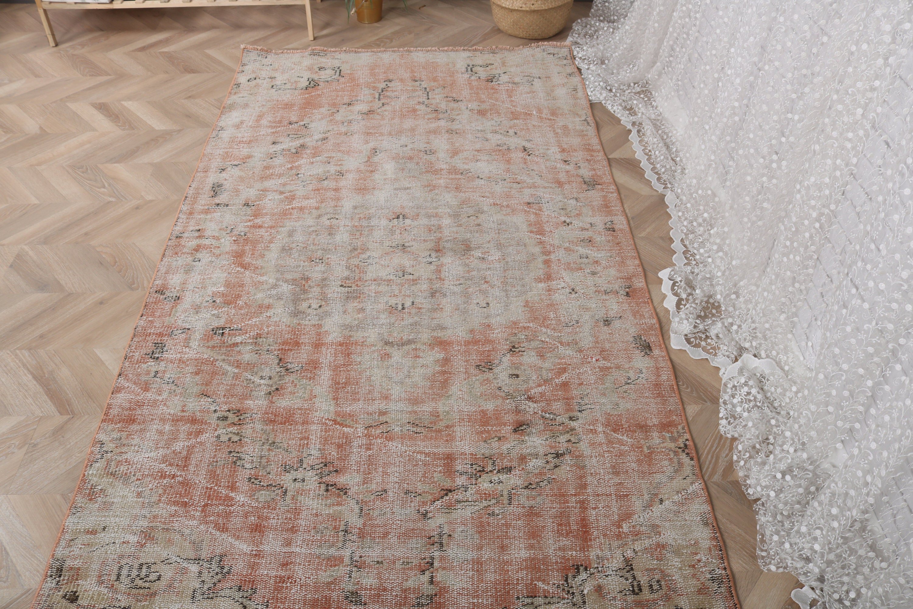 Boho Bölge Halıları, Yün Halı, Çocuk Halısı, 4x7,5 ft Alan Halıları, Türk Halısı, Vintage Halı, Oushak Bölgesi Halıları, Fas Halıları, Turuncu Yün Halı