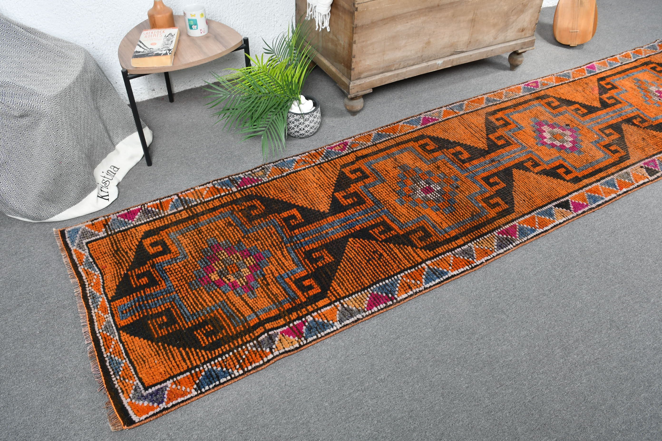 Orange Floor Rug, Floor Rug, Turkish Rug, Vintage Rug, Anatolian Rug, 2.6x10.6 ft Runner Rugs, Rugs for Kitchen, Hallway Rugs, Kitchen Rug