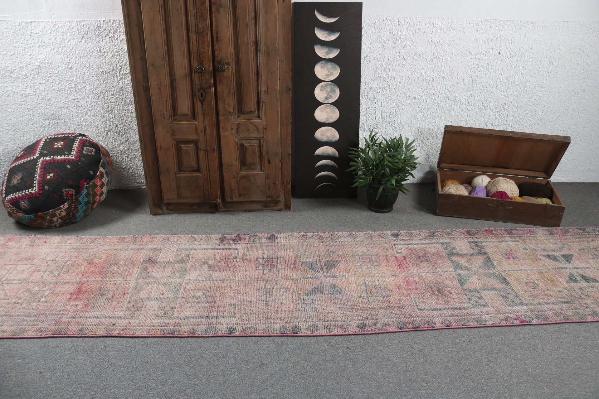 Pembe Bildirim Halısı, Vintage Halılar, Anadolu Halısı, 2,9x12,7 ft Yolluk Halıları, Türk Halısı, Oushak Halısı, Koridor Halıları, Uzun Yolluk Halıları