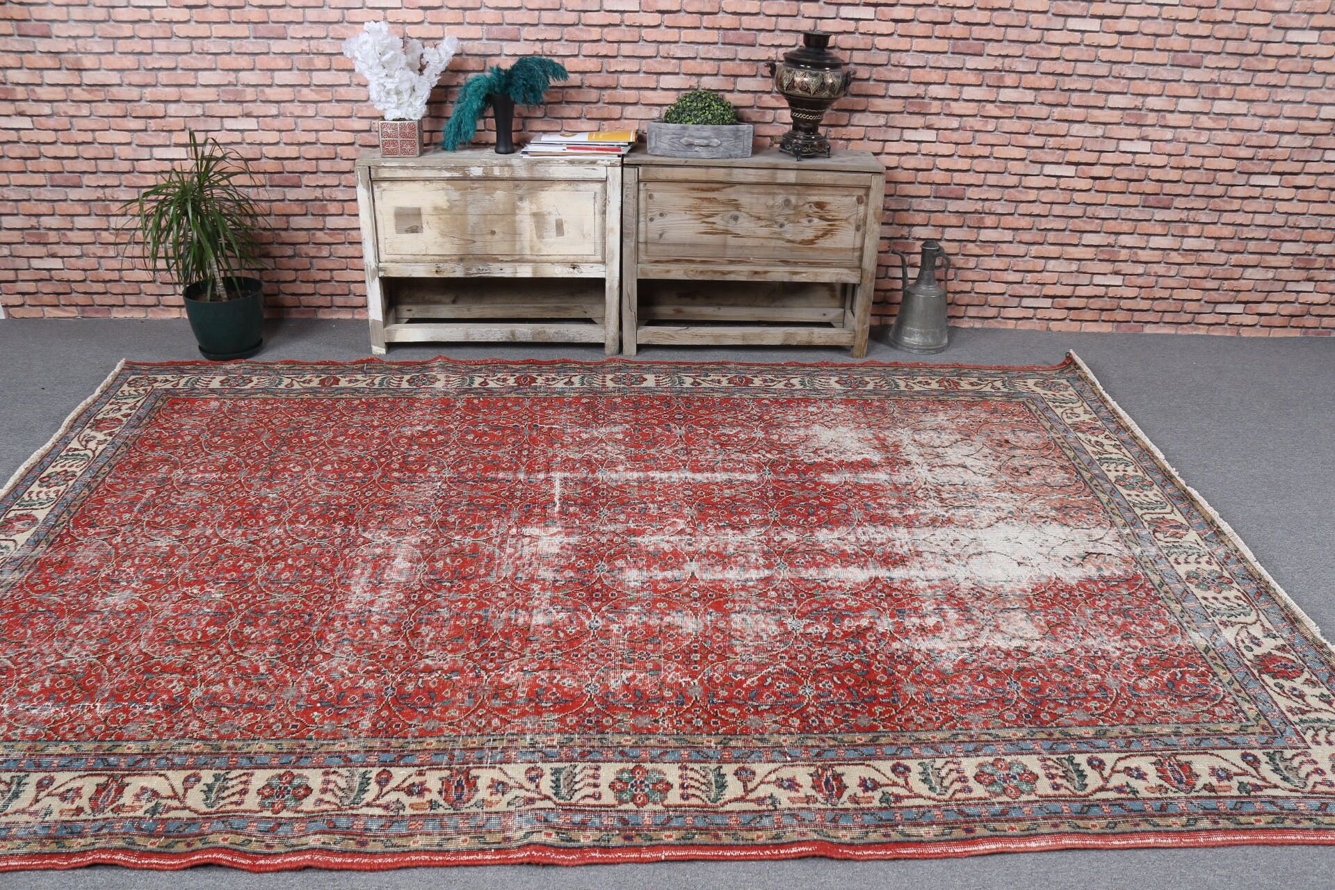 Türk Halısı, Yün Halısı, Salon Halısı, Kırmızı Soğuk Halı, 6.6x9.9 ft Büyük Halı, Oturma Odası Halıları, Vintage Halı, Oturma Odası Halısı, Yer Halısı