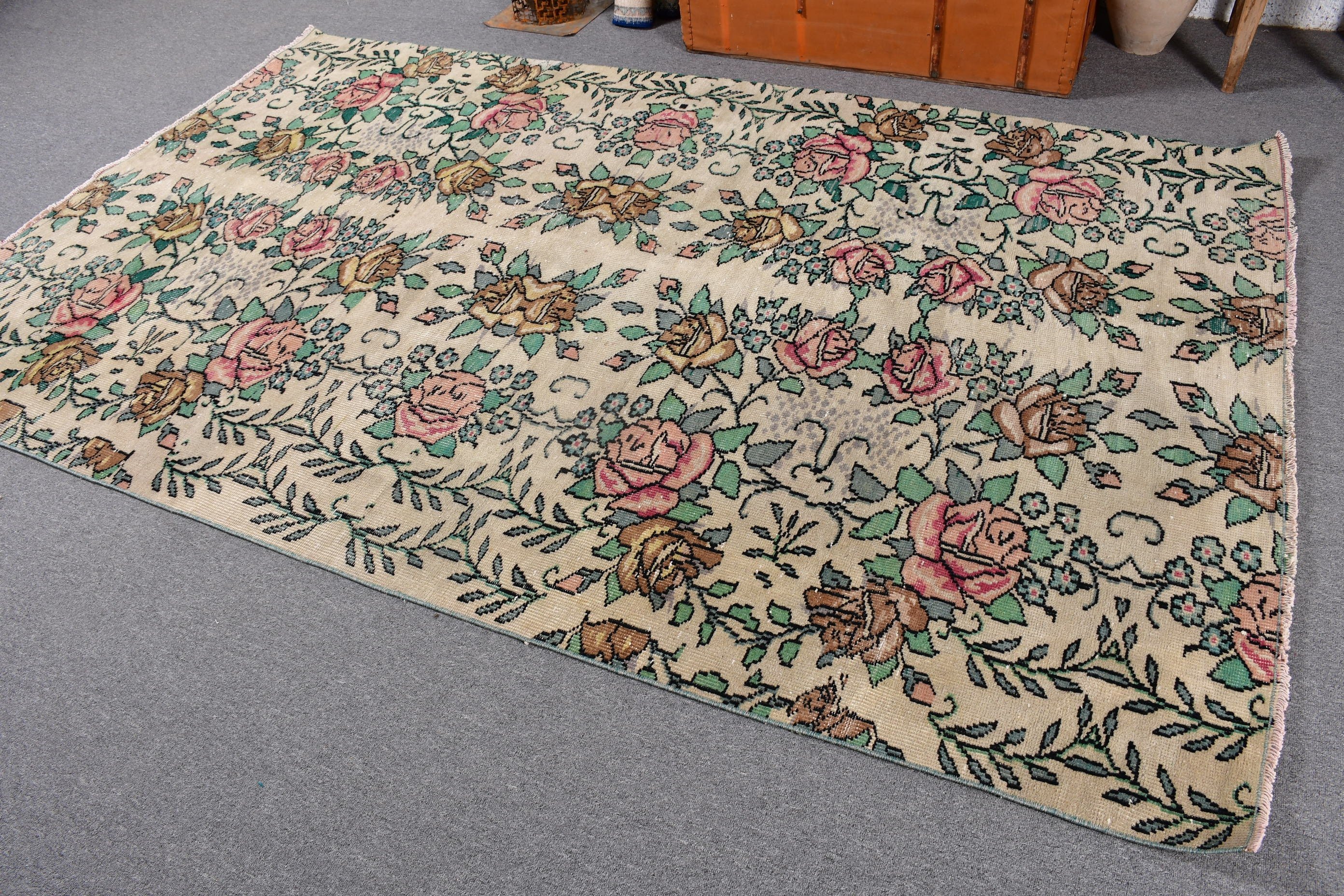 Salon Halısı, Büyük Vintage Halı, Vintage Halılar, Bej 5.3x8.6 ft Büyük Halı, El Dokuma Halı, Türk Halıları, Bohem Halıları, Havalı Halı