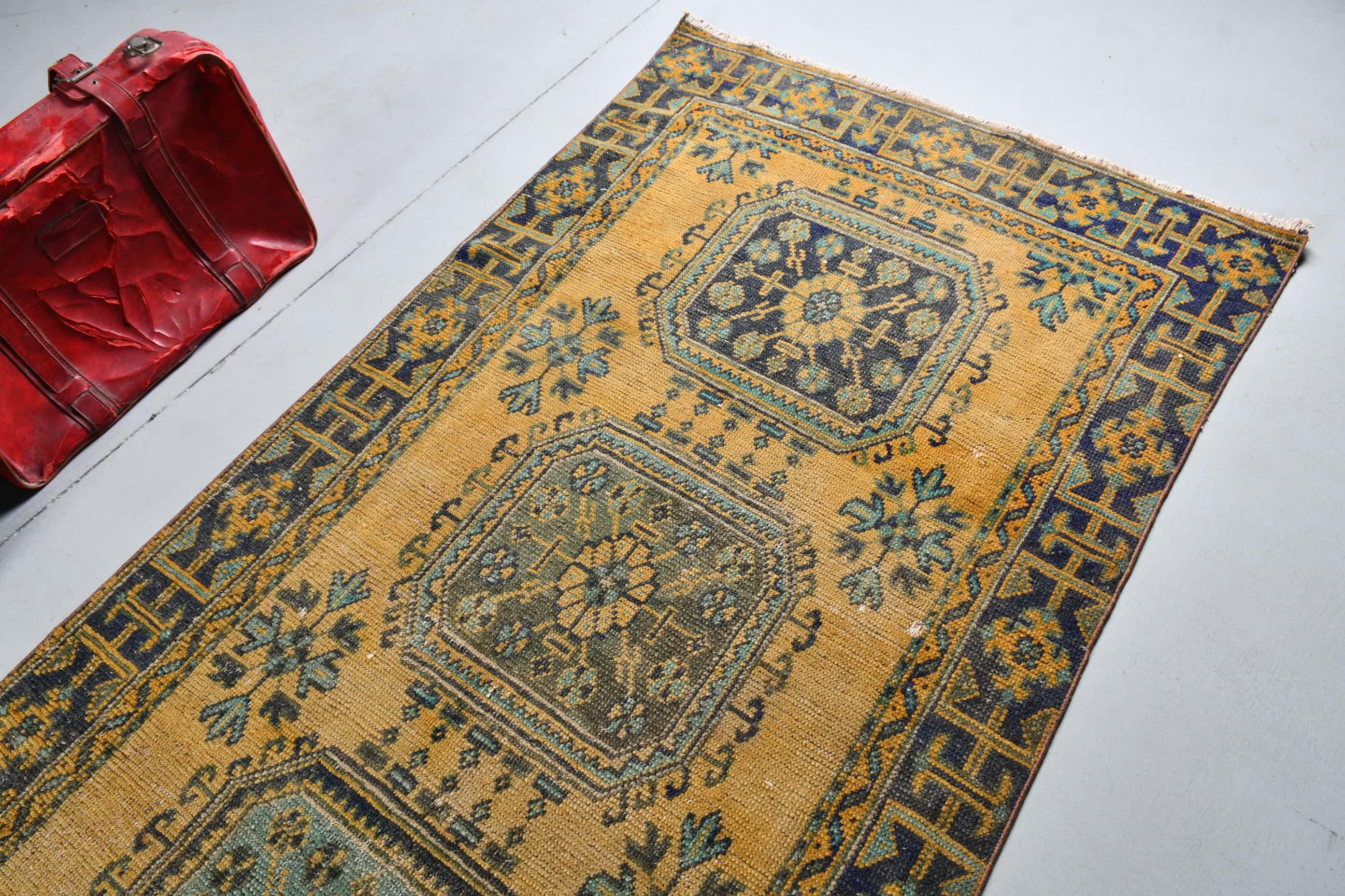 Türk Halısı, Vintage Halı, Mutfak Halısı, Koridor Halıları, 3,8x11,2 ft Runner Halıları, Sarı Oryantal Halı, Eski Halı, Oryantal Halı