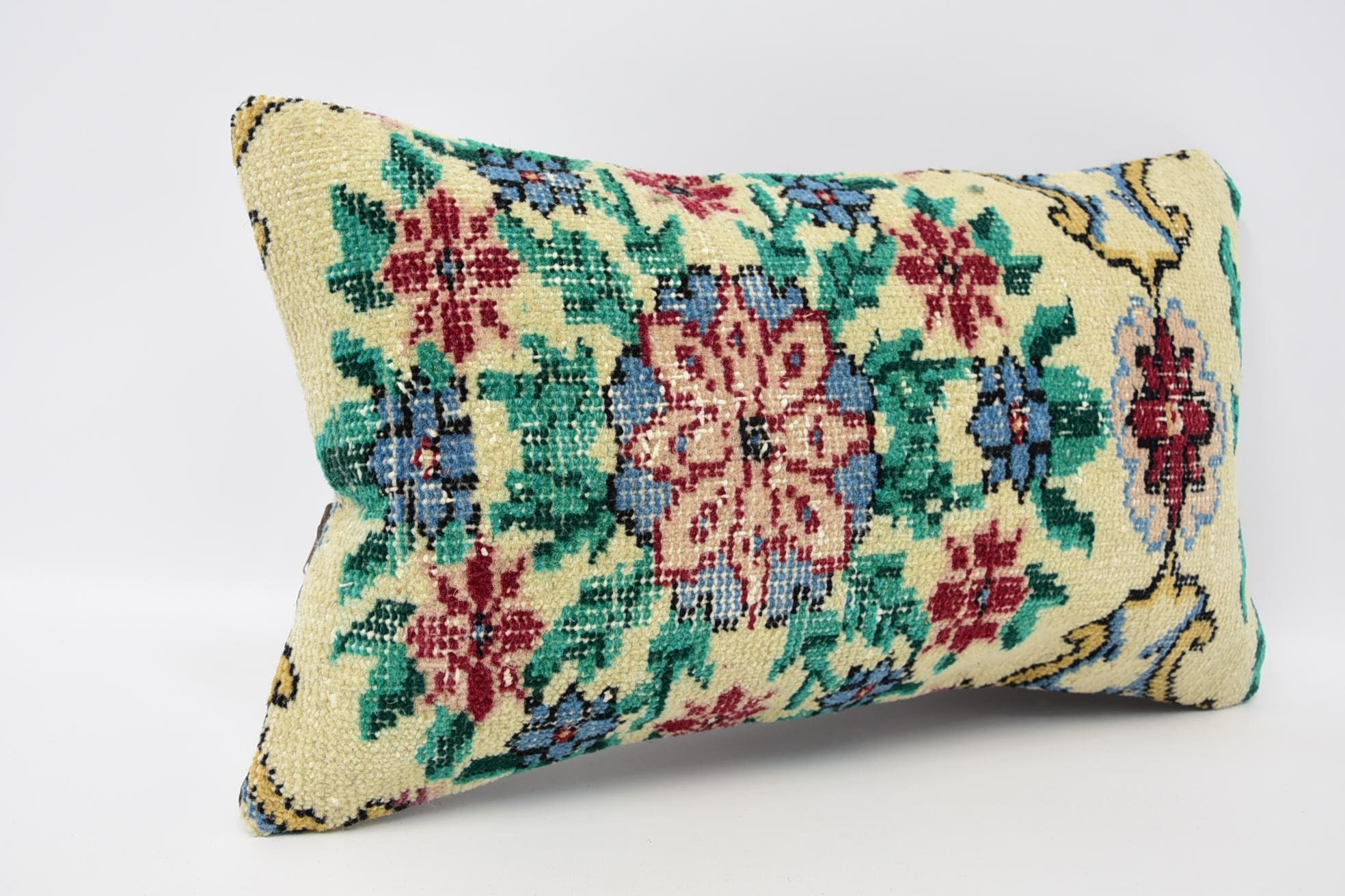 Bright Cushion, Boho Pillow, 12"x20" Beige Cushion Cover, Pillow for Sofa, Ethnical Kilim Rug Pillow, Retro Cushion Cover, Ottoman Cushion