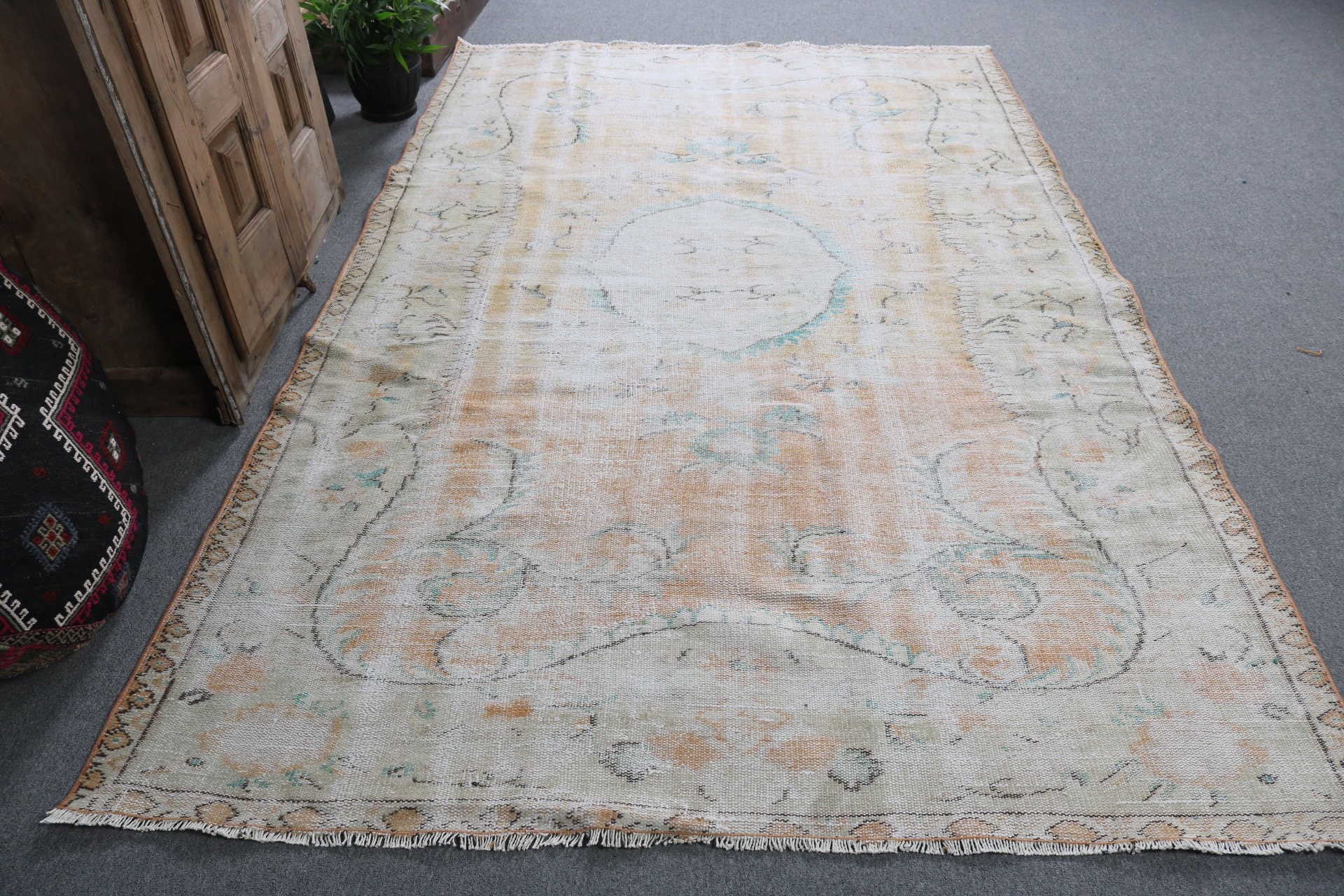 Modern Halı, El Dokuma Halı, Büyük Oushak Halı, Yer Halısı, Bej 5.8x8.7 ft Büyük Halı, Vintage Halılar, Türk Halıları, Yatak Odası Halıları