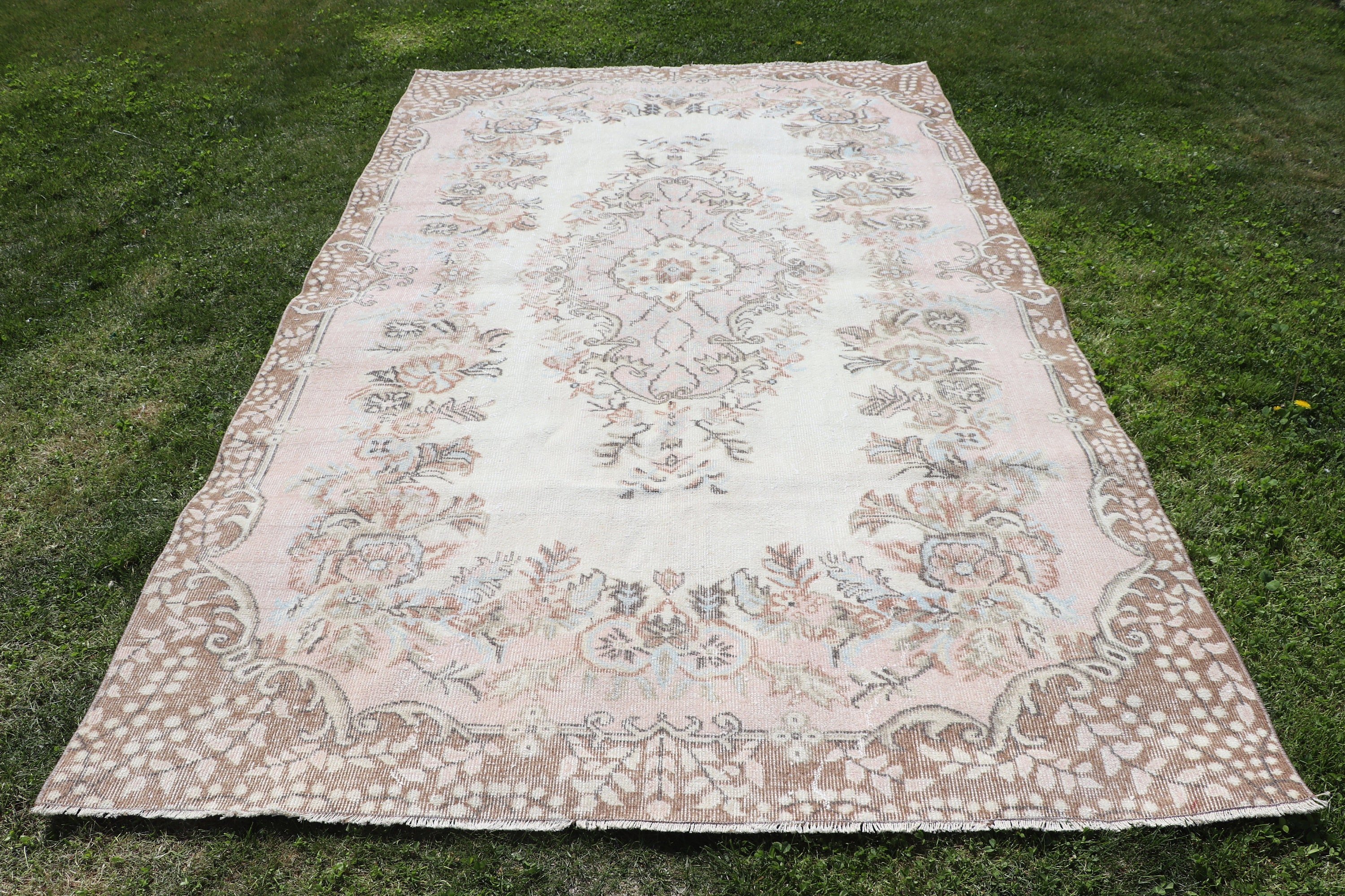 Vintage Halı, Bej Oryantal Halı, 5.7x7.5 ft Büyük Halı, Yemek Odası Halısı, Türk Halıları, Geometrik Halılar, Oturma Odası Halısı, Yer Halısı, Boho Halıları