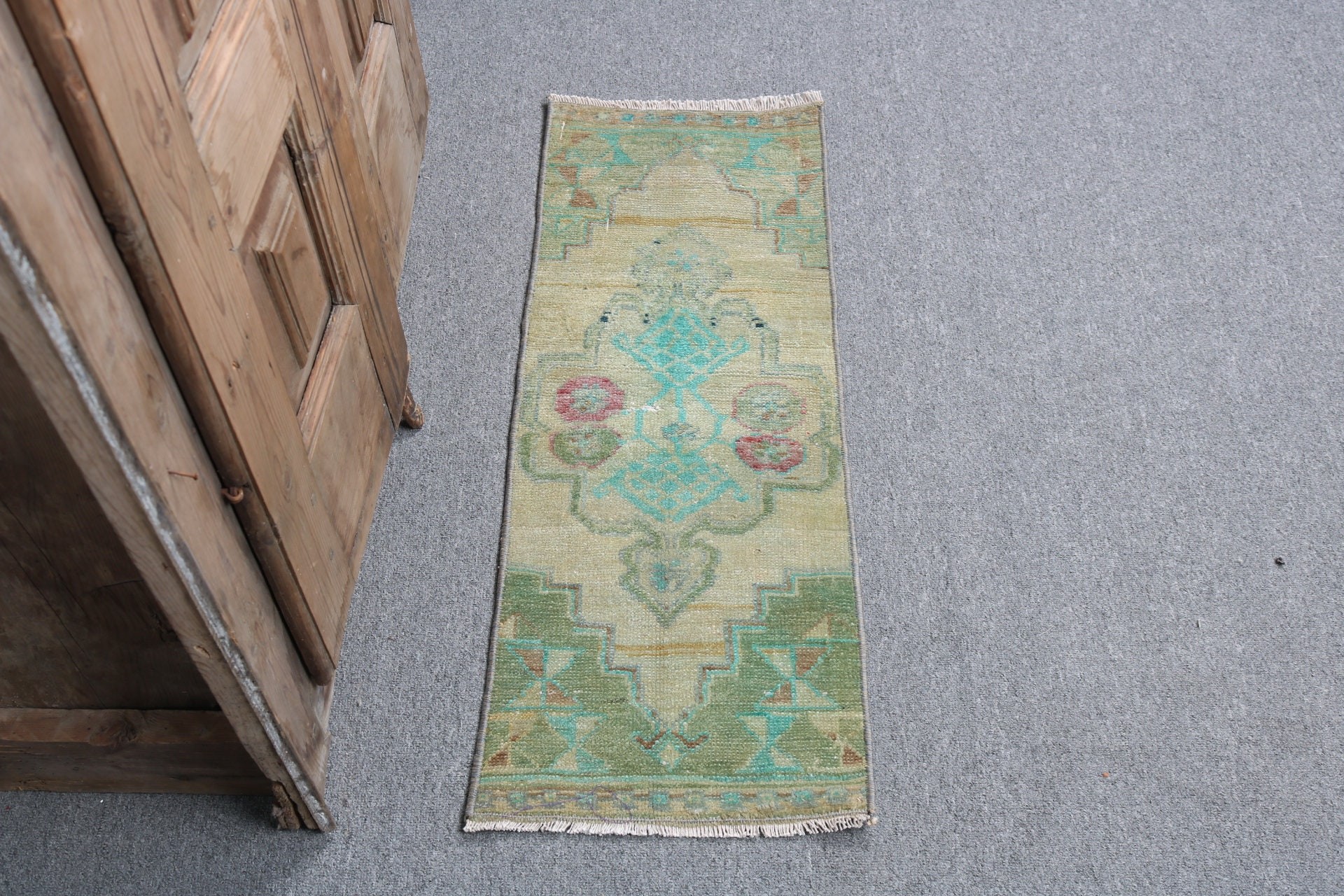 Vintage Halılar, Yeşil Oushak Halılar, Mutfak Halısı, Antika Halı, Türk Halısı, 1.1x2.9 ft Küçük Halı, Banyo Halıları, Duvara Asma Halılar, Yün Halılar