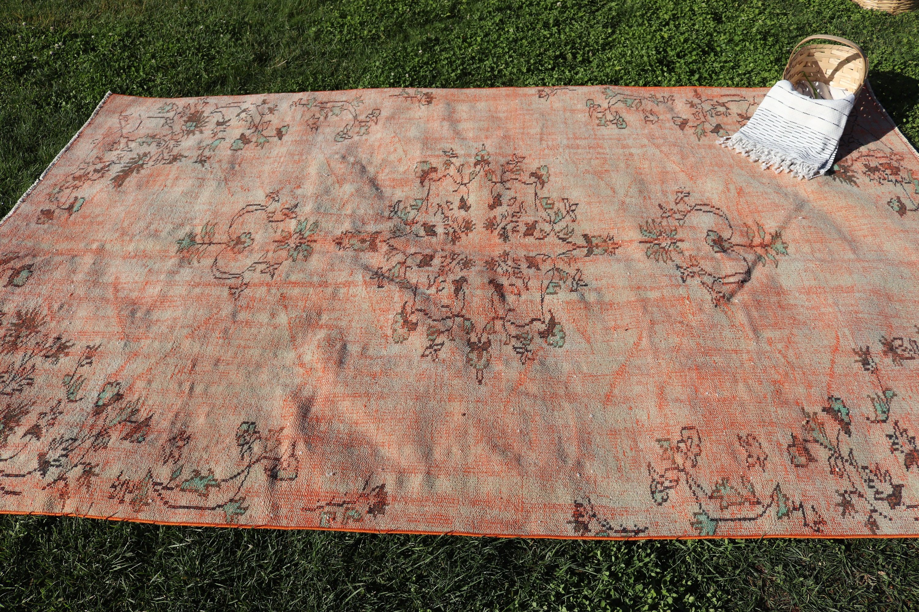 Türk Halıları, 6.1x9.5 ft Büyük Halılar, Turuncu Düz Dokuma Halılar, Yer Halısı, Düz Dokuma Halı, Büyük Boho Halılar, Büyük Vintage Halılar, Vintage Halı