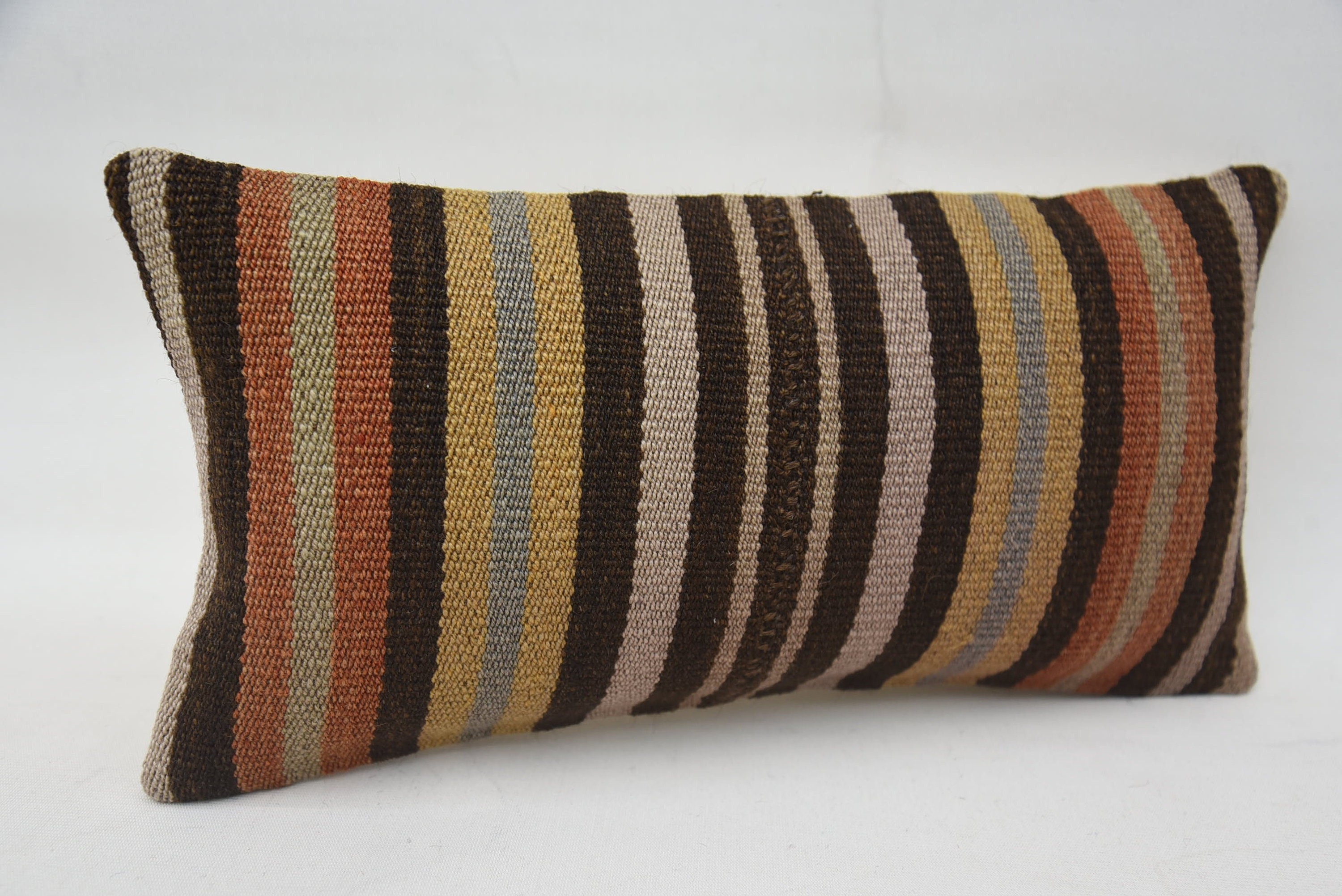 Throw Kilim Pillow, Pillow for Sofa, Boho Pillow Sham Cover, 8"x16" Brown Cushion Cover, Turkish Rugs Cushion Cover