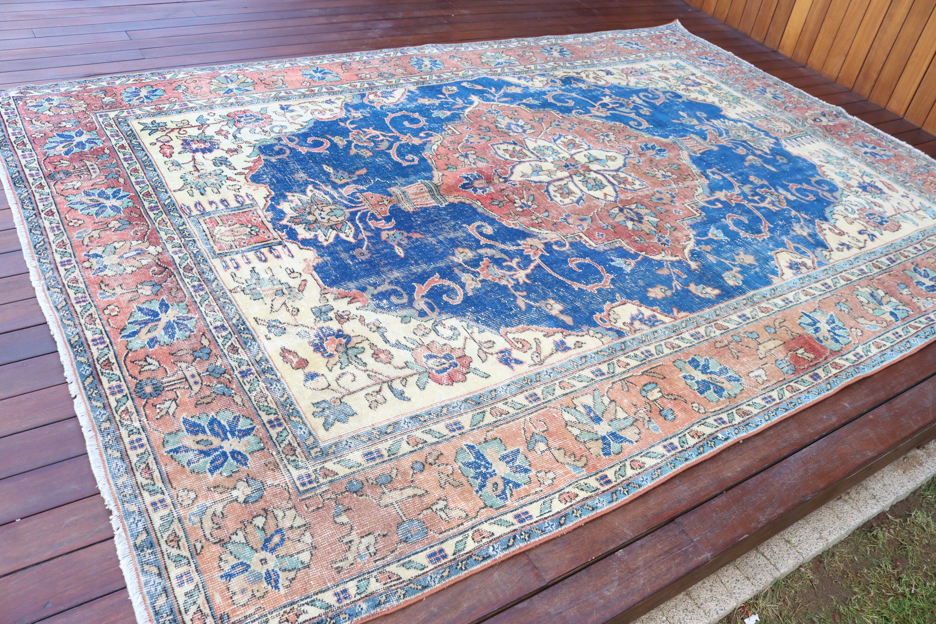 Büyük Vintage Halı, 6.8x9.8 ft Büyük Halılar, Büyük Boho Halı, Vintage Halı, Düz Dokuma Halı, Türk Halıları, Mavi Nötr Halılar