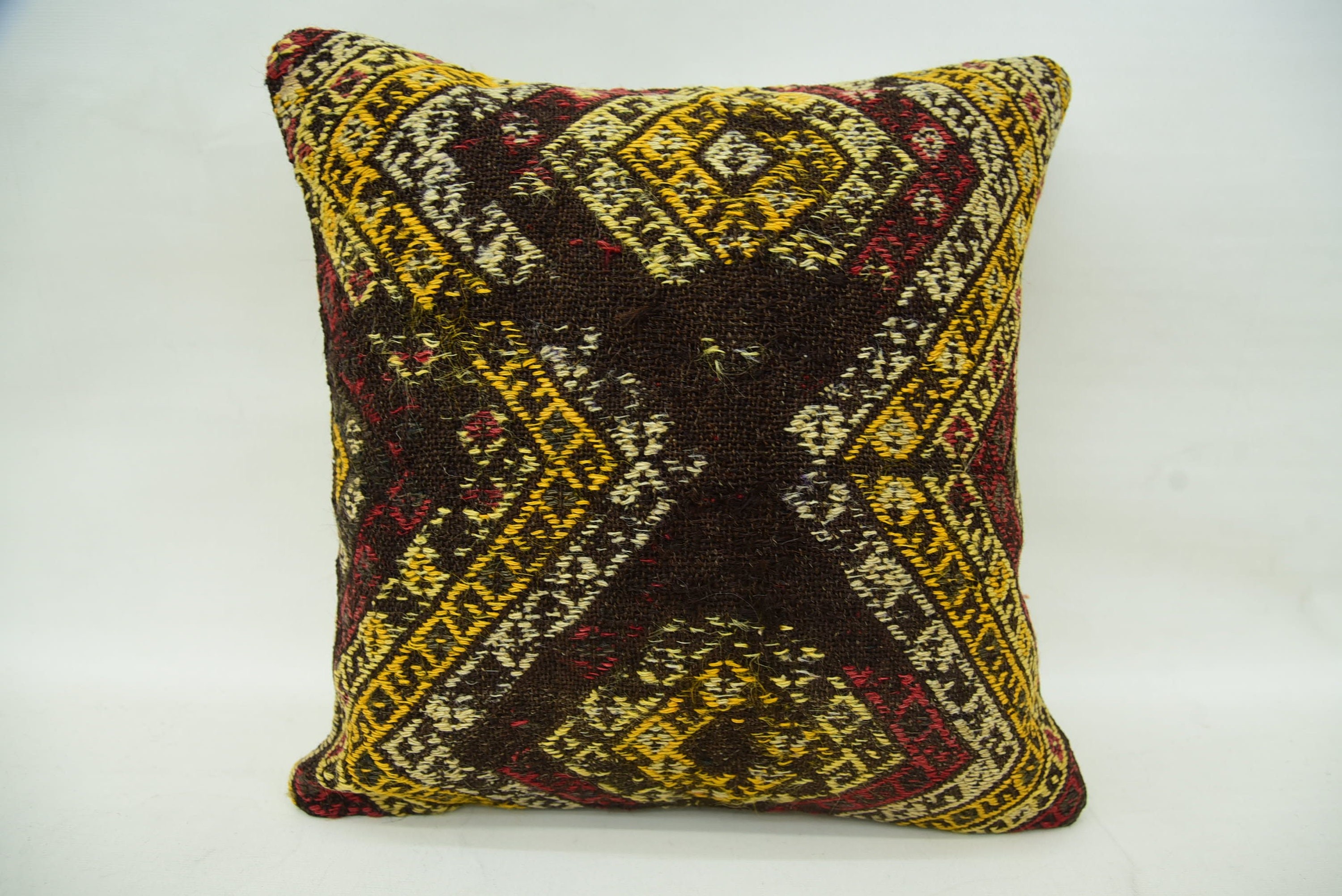 Turkish Pillow, Vintage Kilim Throw Pillow, Interior Designer Pillow, 16"x16" Brown Pillow Cover, Turkish Corner Cushion Case