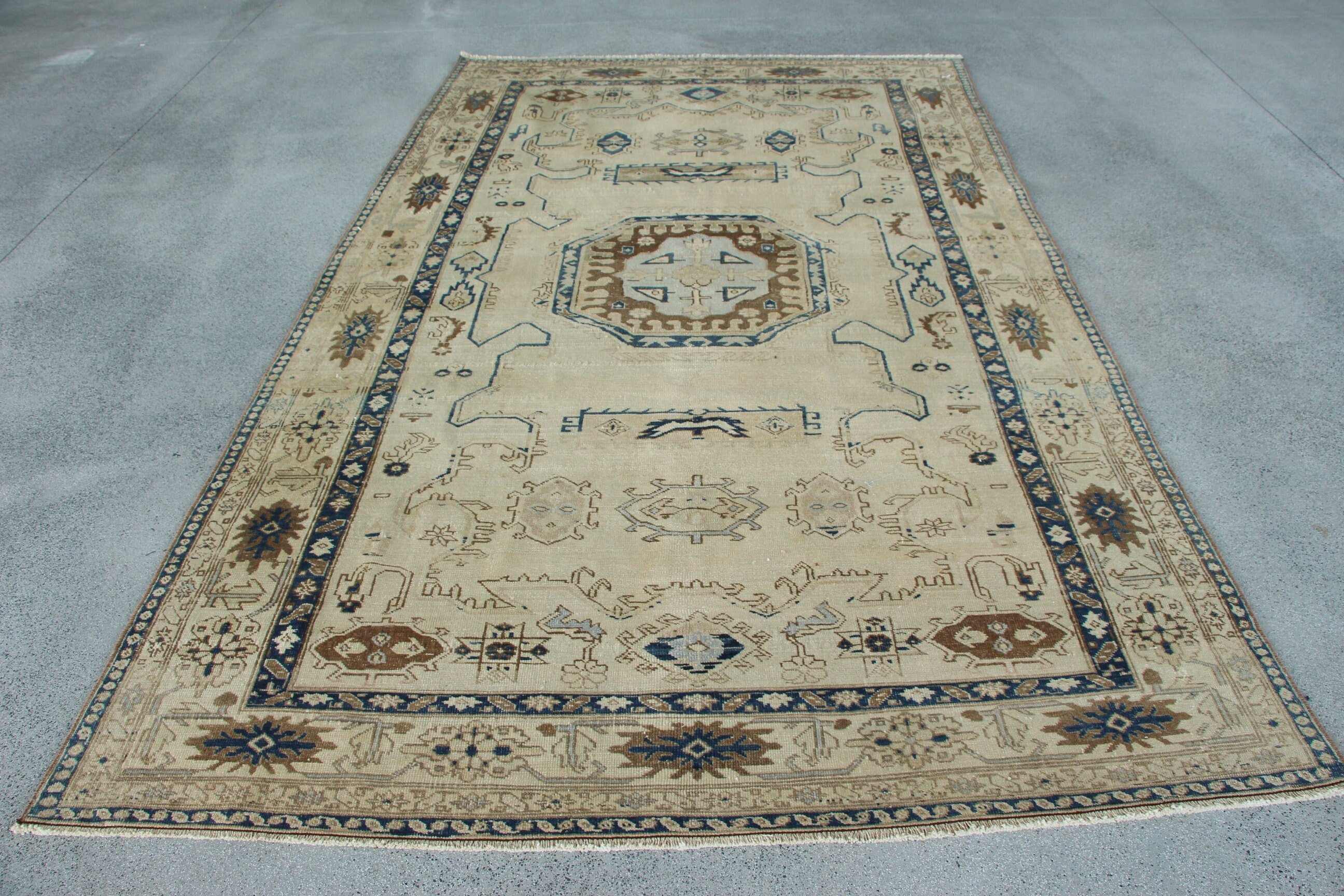 Boho Halı, Bej Yün Halı, Anadolu Halısı, Oturma Odası Halısı, Türk Halısı, Açıklama Halıları, 6.2x9.8 ft Büyük Halı, Vintage Halı, Büyük Oushak Halıları