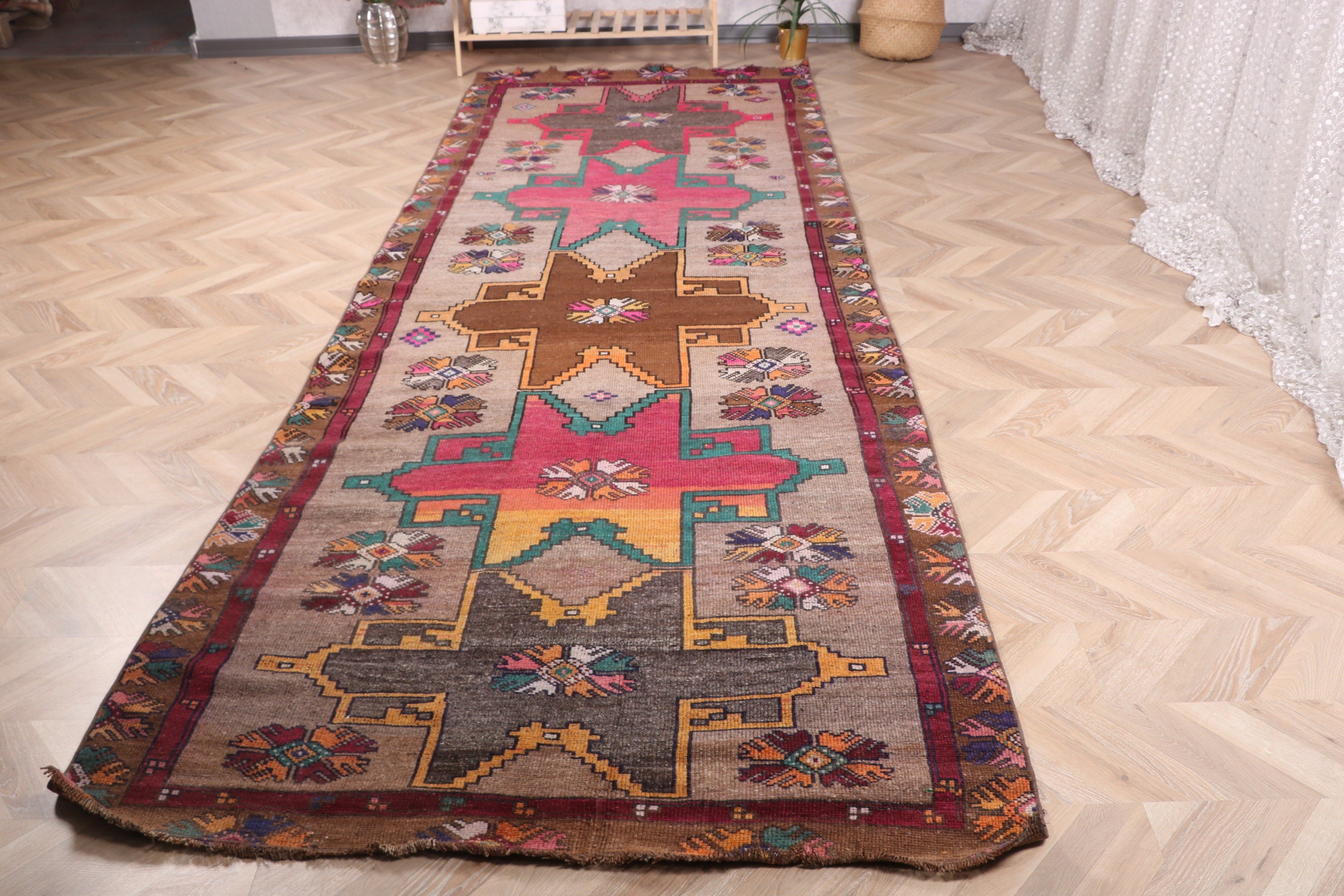 Yer Halıları, Etnik Halılar, Koridor Halıları, Vintage Halı, Gri Düz Dokuma Halılar, Koridor Halıları, Türk Halıları, 4.3x12.4 ft Runner Halısı, Yatak Odası Halıları