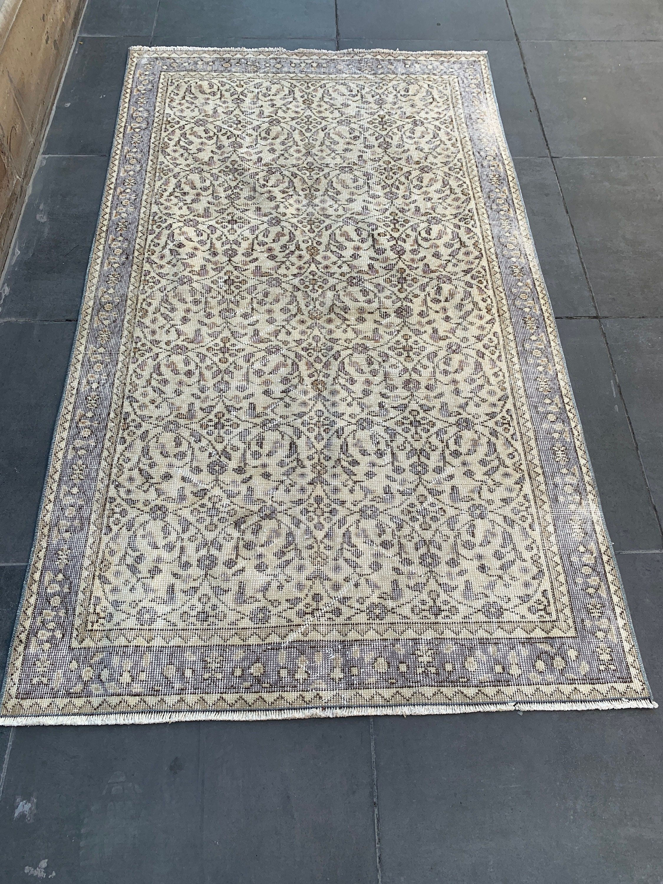 Mutfak Halıları, Vintage Halı, Bej Soğuk Halılar, Türk Halıları, Yemek Odası Halısı, Soluk Halı, 3,7x6,9 ft Alan Halıları, Oushak Halısı, Yemek Odası Halıları