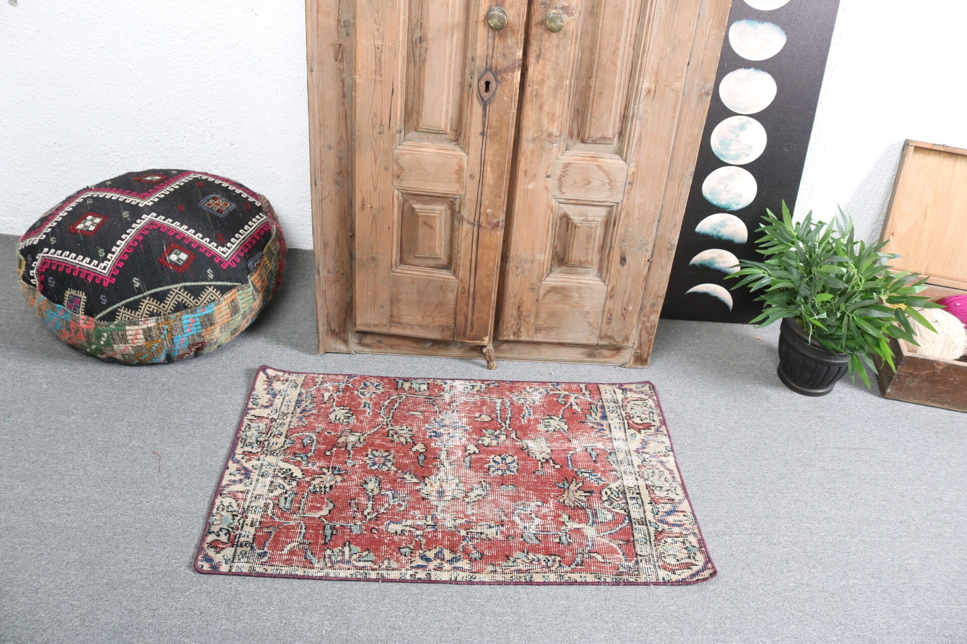 Türk Halıları, Kırmızı Ev Dekorasyonu Halısı, Küçük Boho Halıları, Küçük Alan Halıları, Vintage Halılar, 2x3.3 ft Küçük Halı, El Dokuma Halı