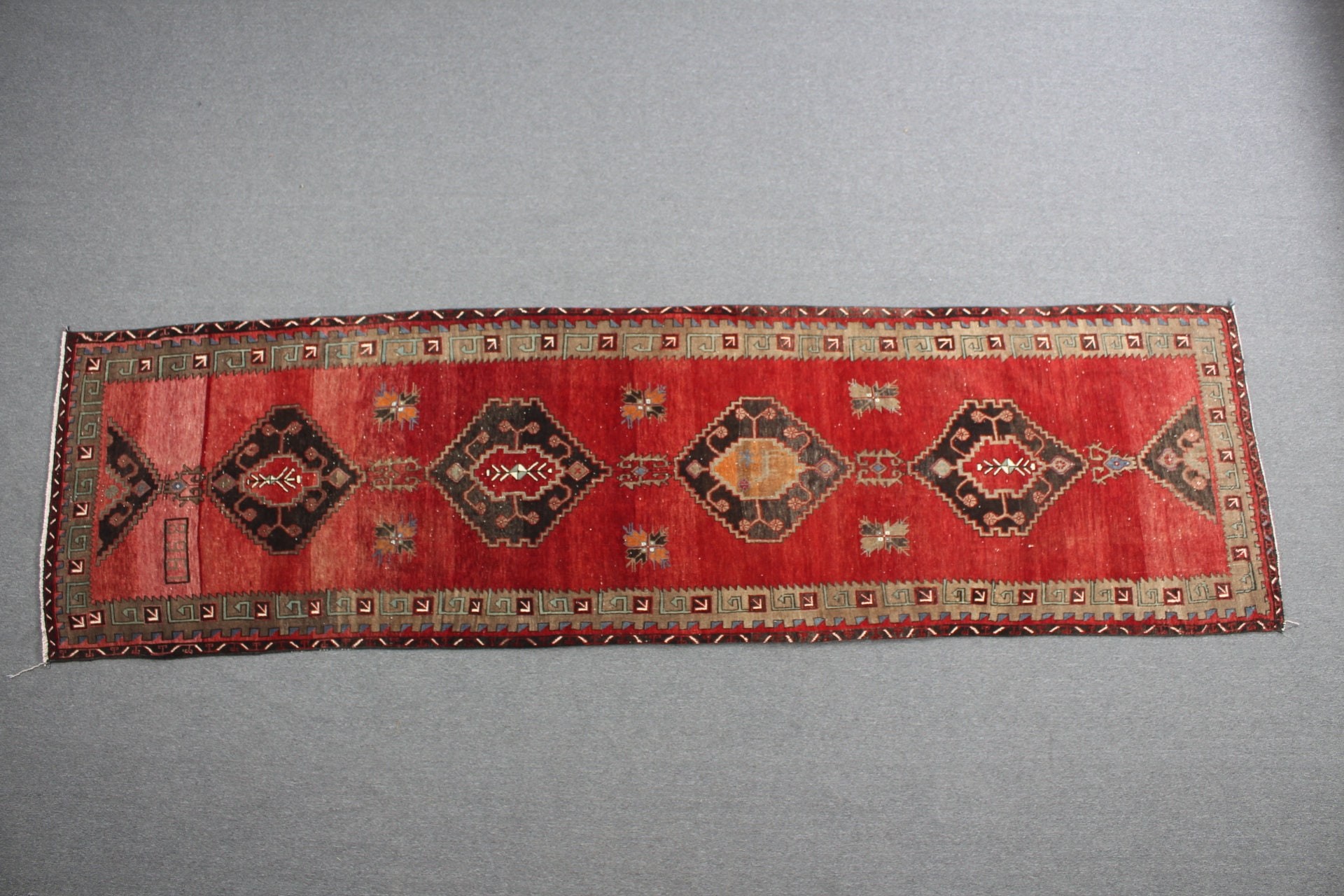 Mutfak Halısı, Vintage Halı, Mutfak Halıları, Türk Halısı, Yün Halı, 3.1x11 ft Yolluk Halısı, Kırmızı Anadolu Halıları, Merdiven Halısı