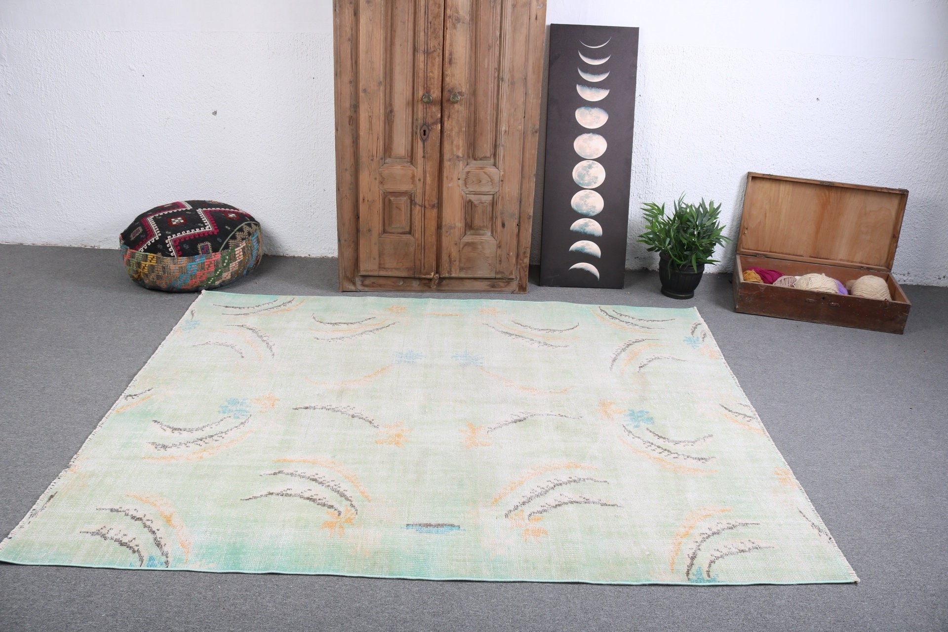 Large Vintage Rugs, Turkish Rugs, 5.9x7.2 ft Large Rug, Geometric Rug, Wool Rug, Green Bedroom Rug, Vintage Rugs, Large Boho Rugs