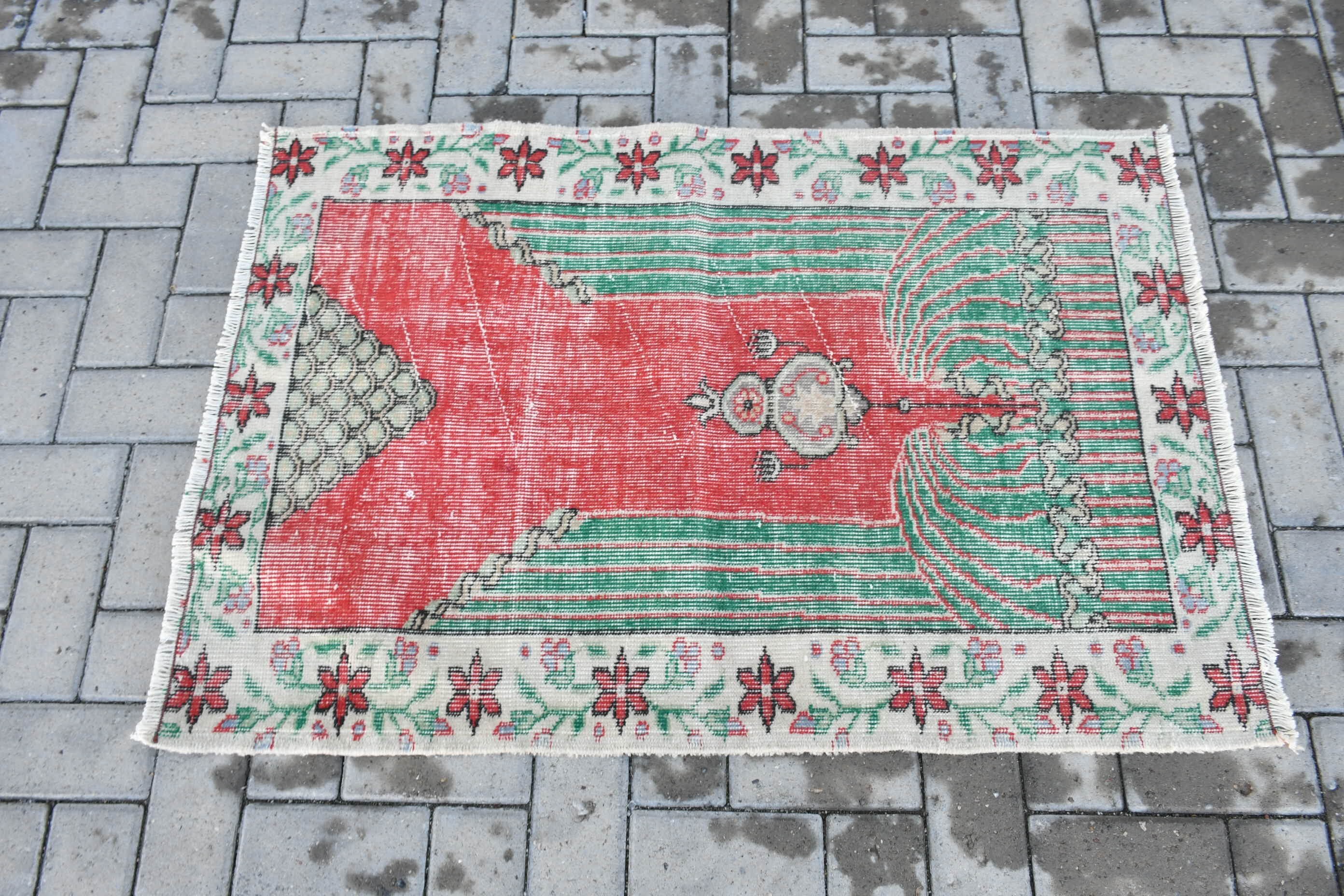 Vintage Rug, Wall Hanging Rug, Oushak Rug, Bath Rug, Home Decor Rug, Red Wool Rugs, Rugs for Bathroom, 2.6x3.9 ft Small Rug, Turkish Rug