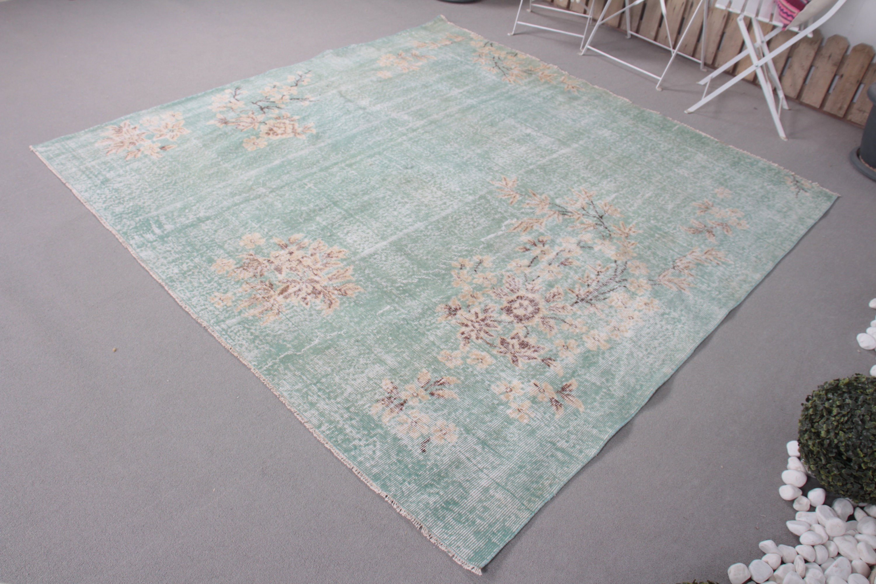 6.7x6.7 ft Large Rug, Turkish Rugs, Wool Rug, Salon Rugs, Dining Room Rugs, Green Bedroom Rugs, Vintage Rug, Rugs for Salon