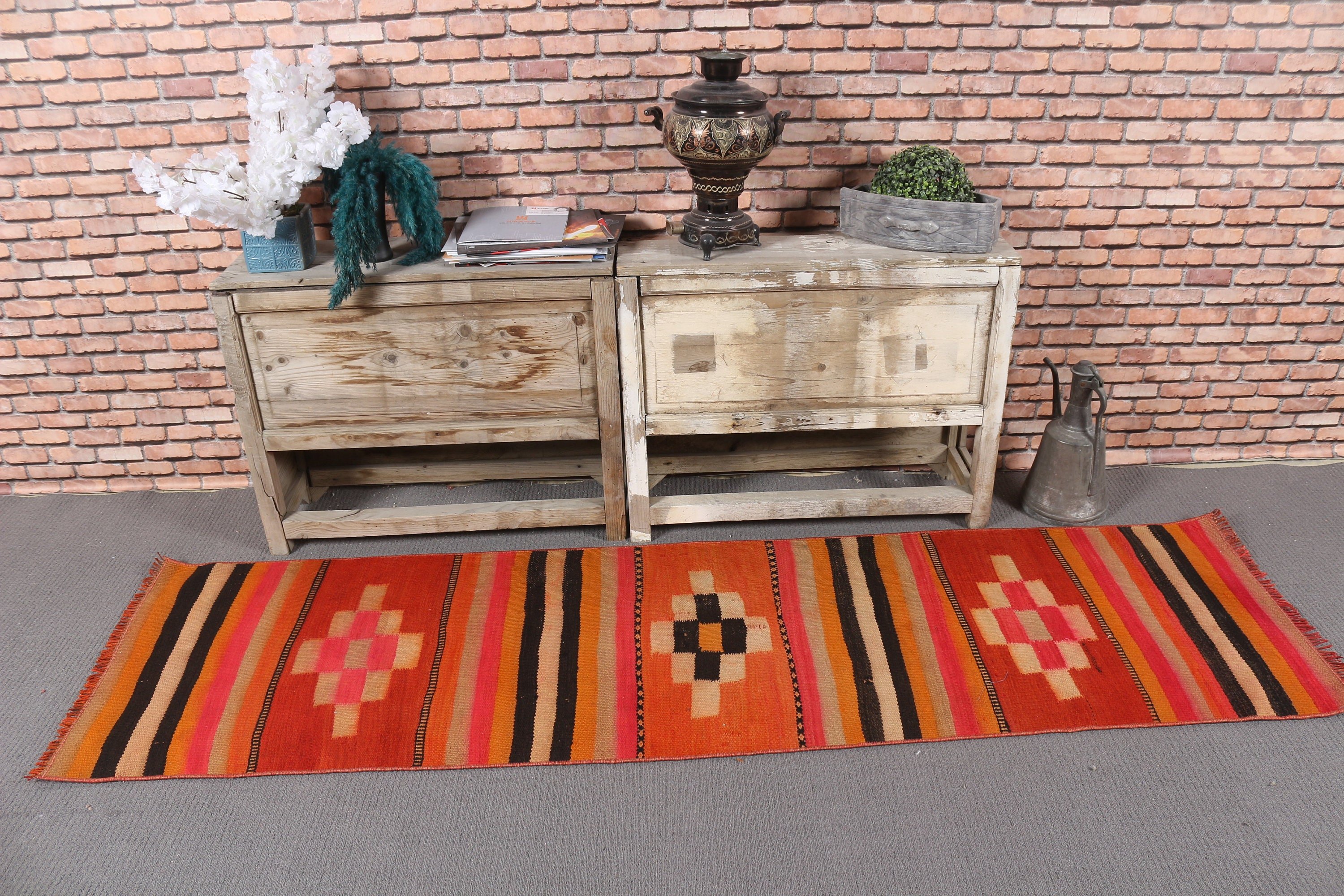 Vintage Halı, Otantik Halılar, Turuncu Soğuk Halılar, Yer Halısı, Mutfak Halısı, Oushak Halıları, 2,1x7,5 ft Runner Halısı, Koridor Halıları, Kilim, Türk Halısı