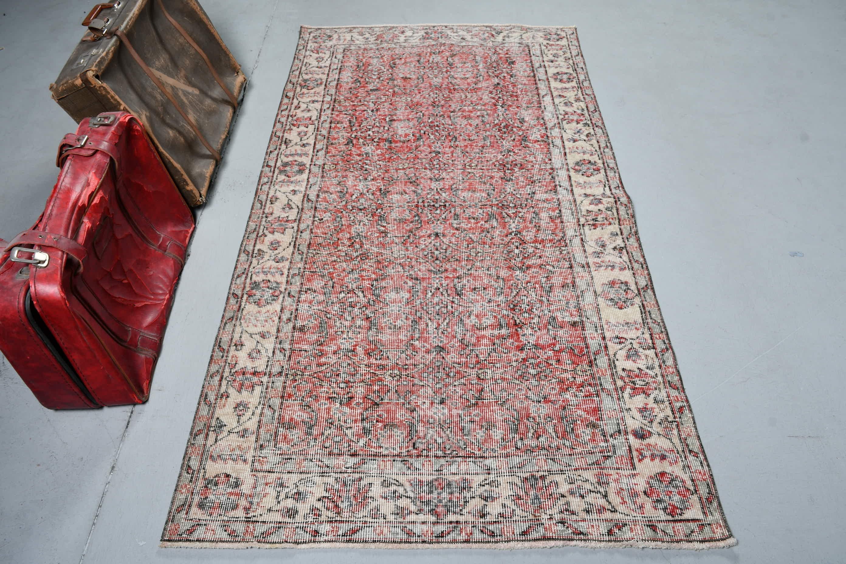 Floor Rug, Turkish Rug, Vintage Rug, Wool Rug, Vintage Decor Rugs, Red Home Decor Rug, Rugs for Kitchen, 3.7x7 ft Area Rug