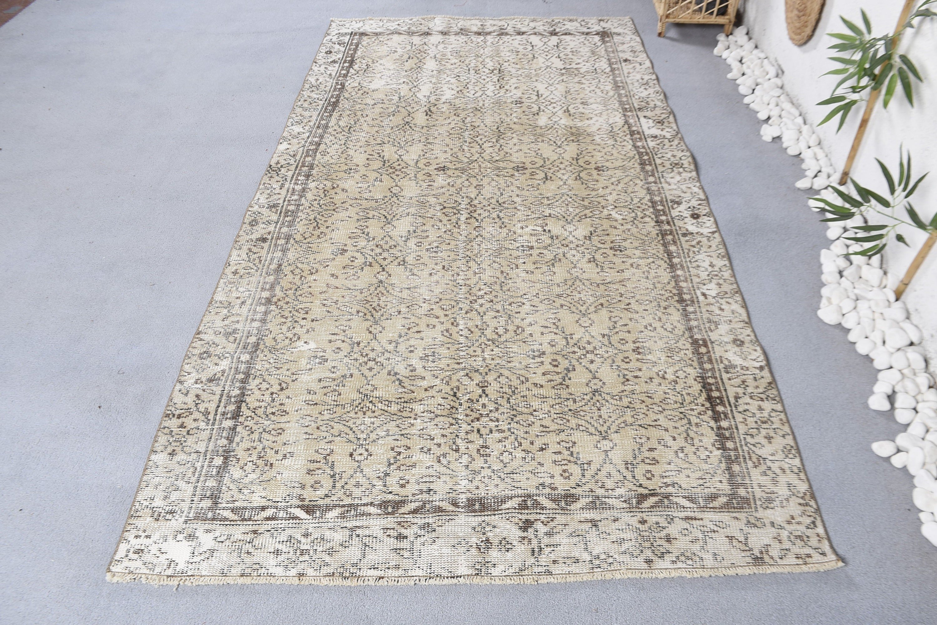 Oturma Odası Halısı, Beyaz Oushak Halıları, Türk Halıları, Vintage Halı, 4,4x7,8 ft Alan Halıları, Ev Dekorasyonu Halıları, Etnik Halı, Modern Halı, Boho Alan Kilimi