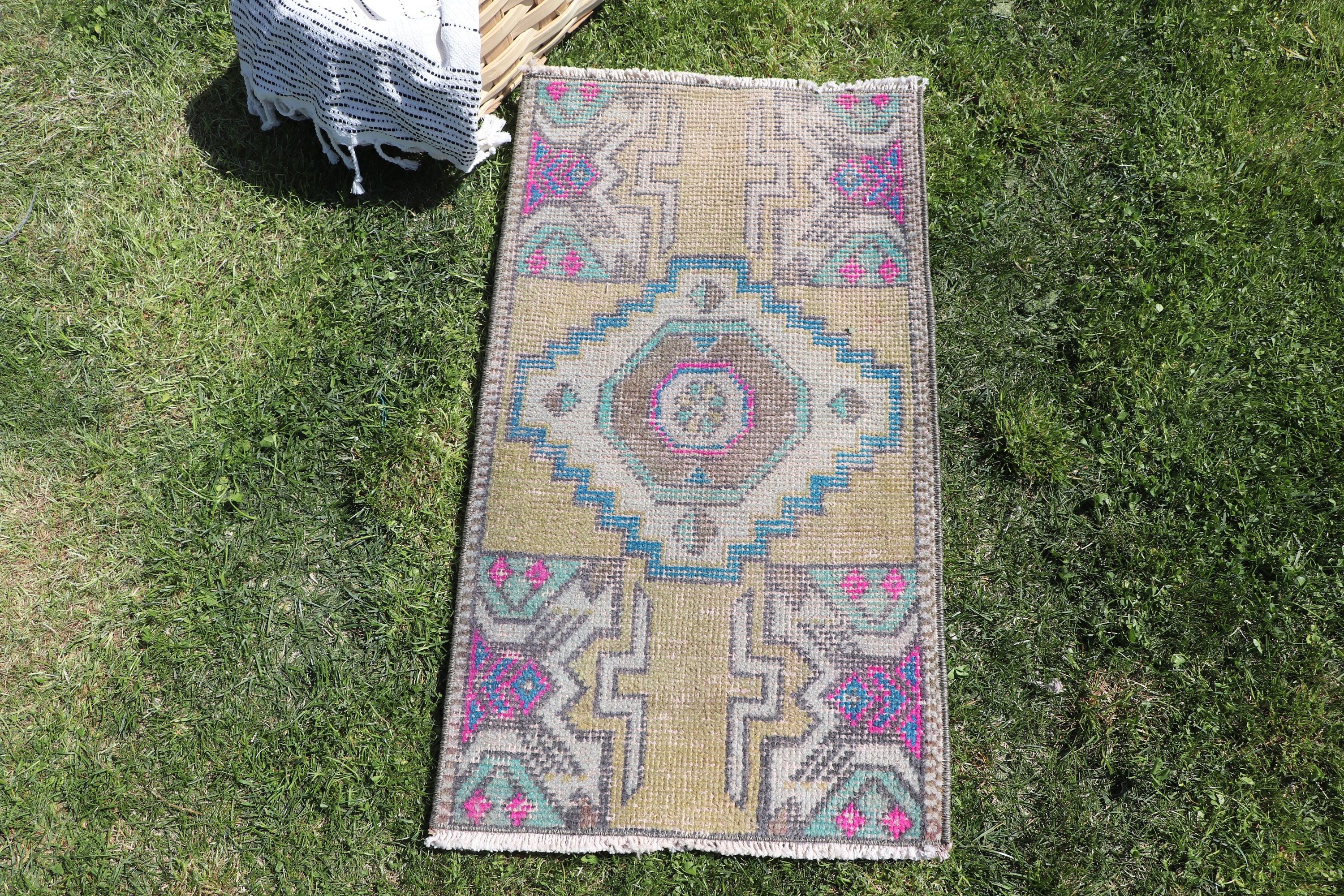 Bath Rug, Moroccan Rug, Green Anatolian Rugs, Oushak Rugs, 1.4x2.6 ft Small Rug, Kitchen Rugs, Turkish Rugs, Rugs for Entry, Vintage Rug