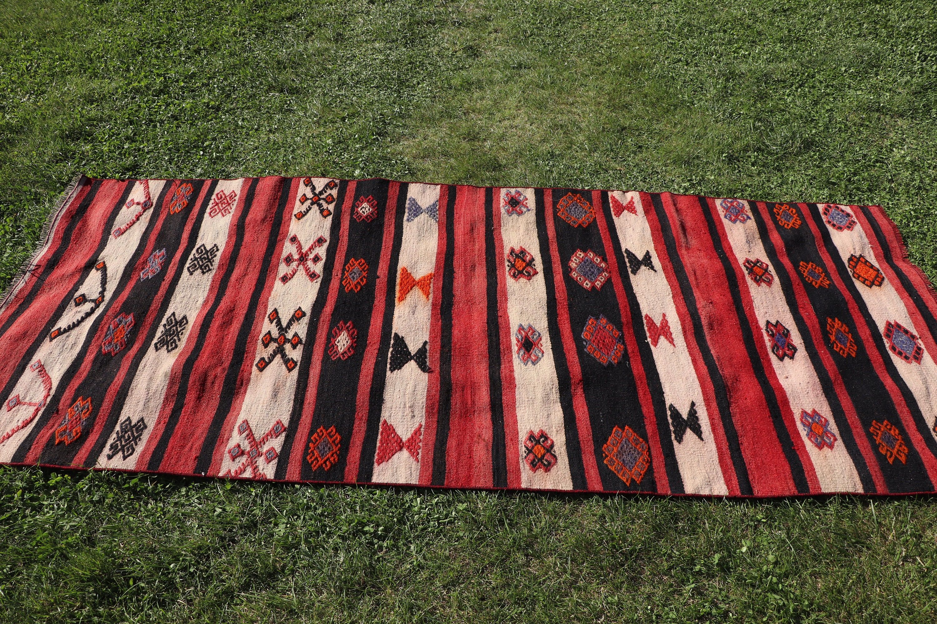 Bedroom Rugs, Turkish Rug, Modern Rug, Indoor Rugs, Vintage Rug, Red Moroccan Rugs, Flatweave Rugs, 3.2x7.6 ft Area Rugs, Geometric Rug