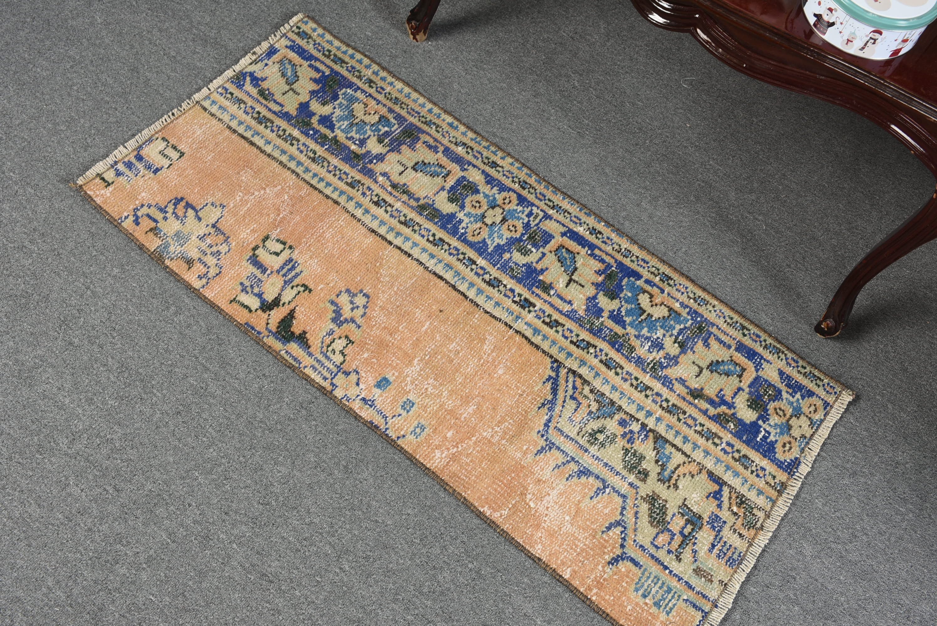 Turuncu Antika Halı, Yatak Odası Halısı, 1.6x3.5 ft Küçük Halılar, Banyo Halısı, Vintage Halı, El Yapımı Halılar, Türk Halısı, Duvara Asılı Halı