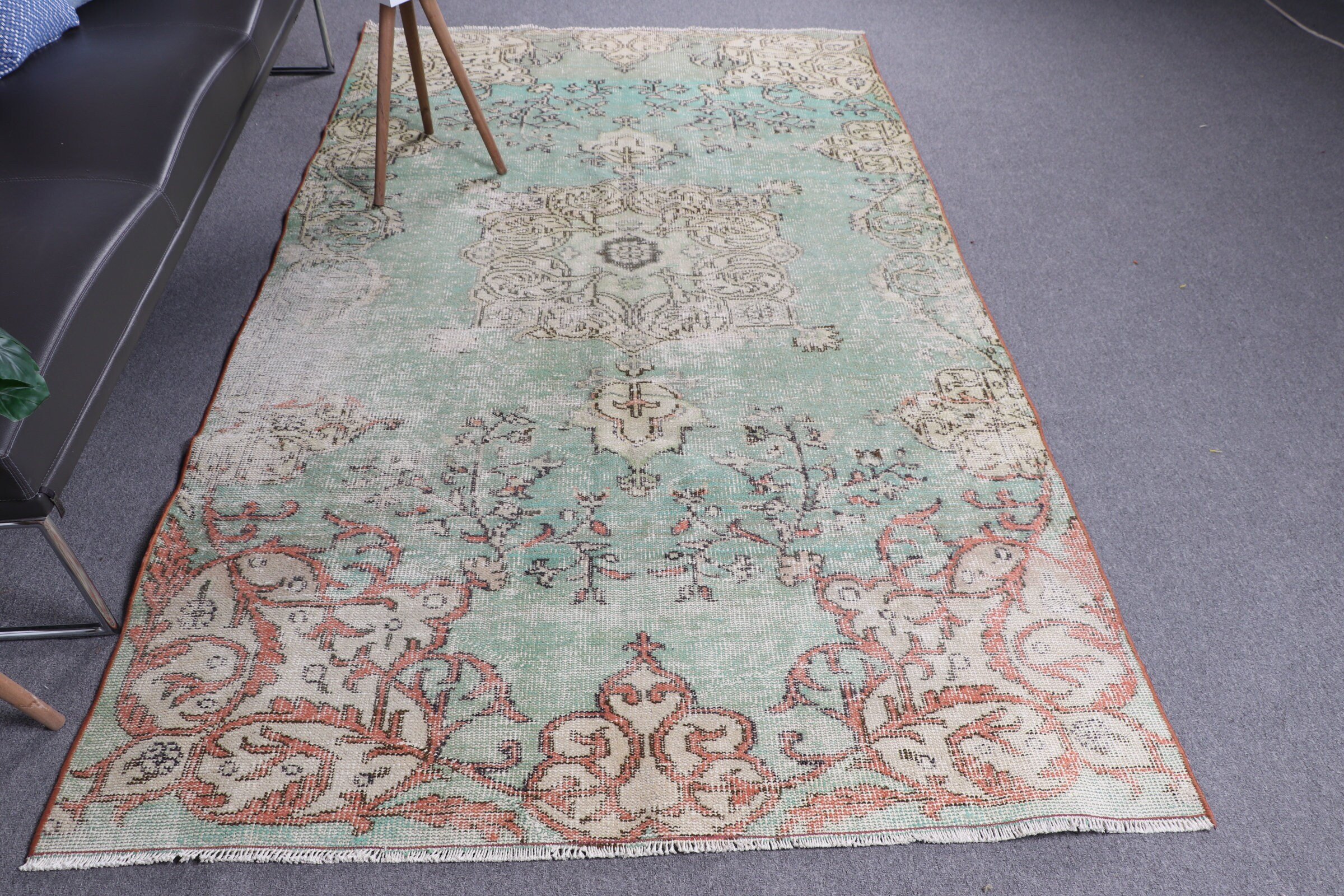 Turkish Rugs, Retro Rug, 4.9x8.6 ft Large Rug, Vintage Rug, Dining Room Rugs, Living Room Rug, Antique Rug, Green Wool Rug