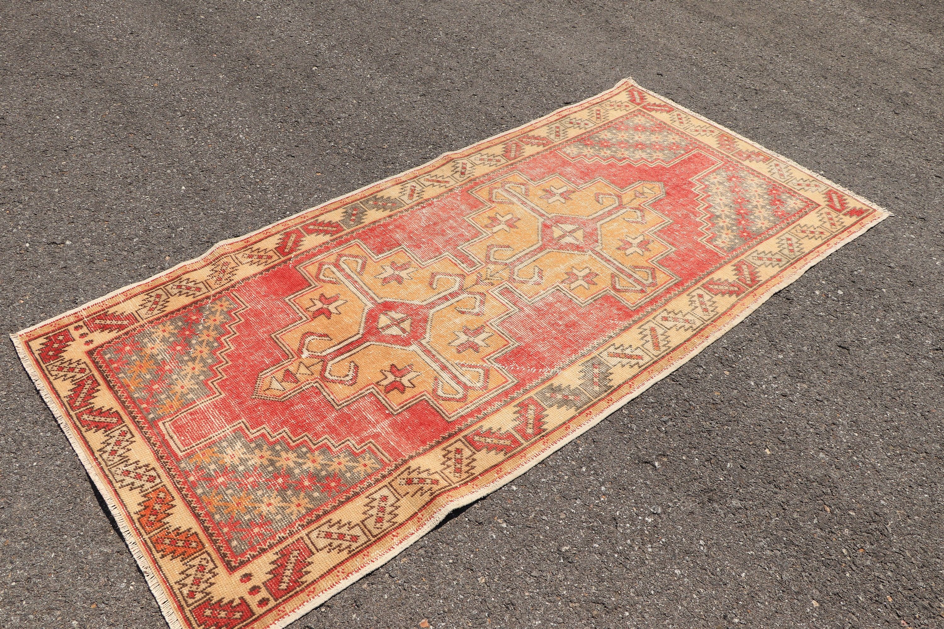 Antique Rug, Red Moroccan Rug, 3.6x7.5 ft Area Rug, Vintage Rugs, Floor Rug, Rugs for Kitchen, Muted Rugs, Turkish Rug, Living Room Rugs